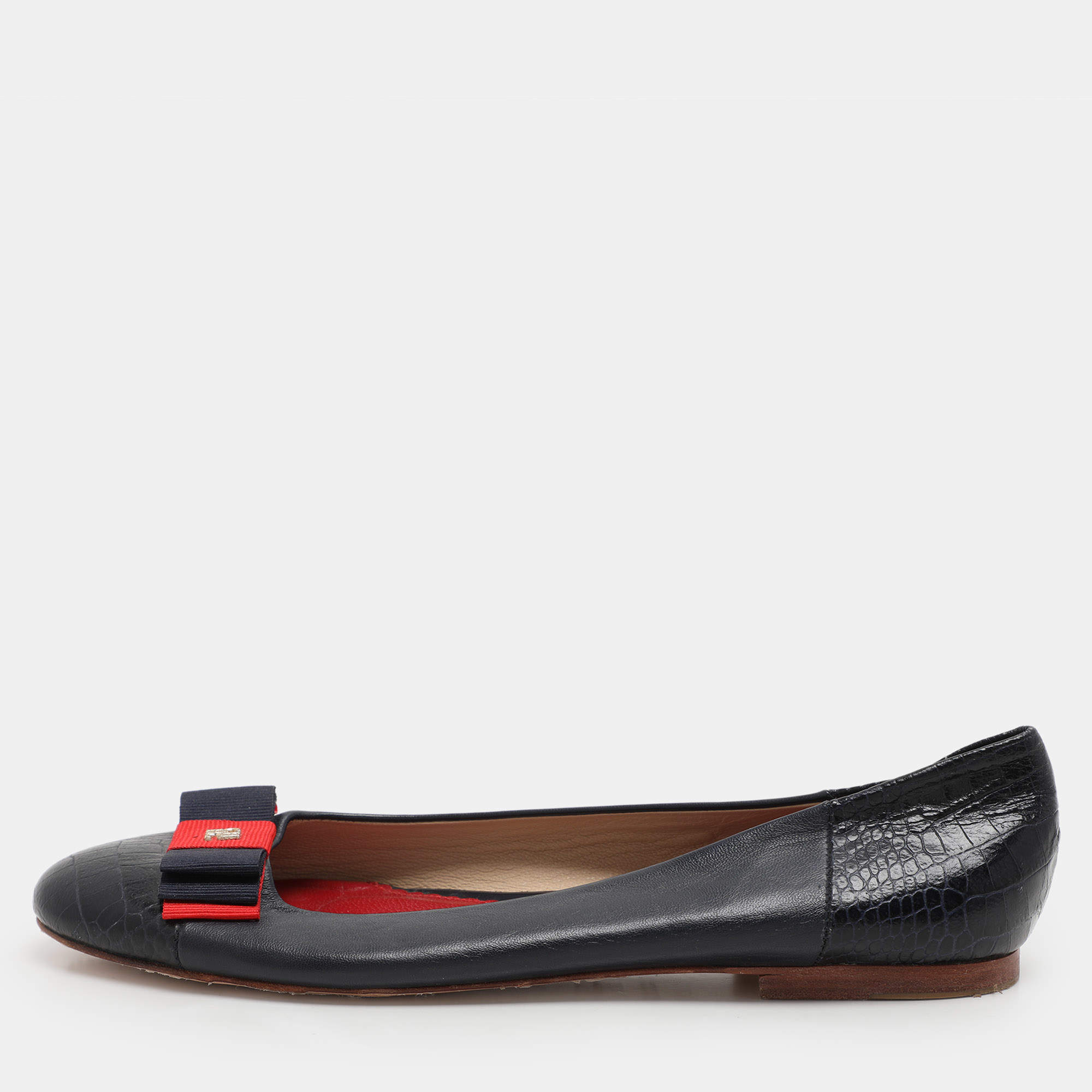 CH Carolina Herrera Navy Blue Croc Embossed and Leather Ballet Flats Size 39