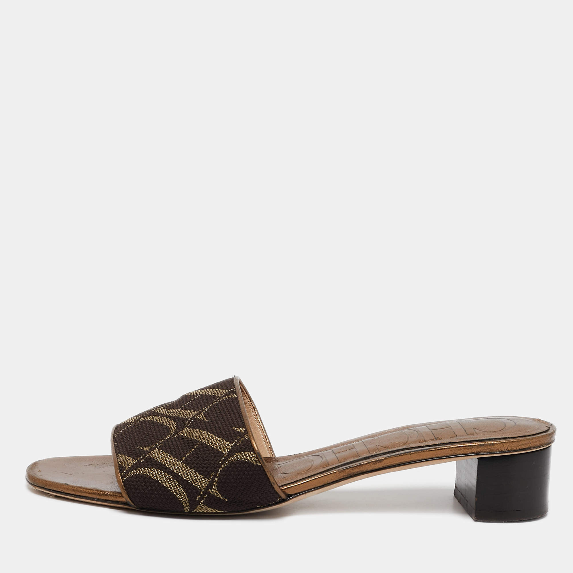 Pre Owned CH Carolina Herrera Metallic Leather and Canvas Logo Slide Sandals Size 38