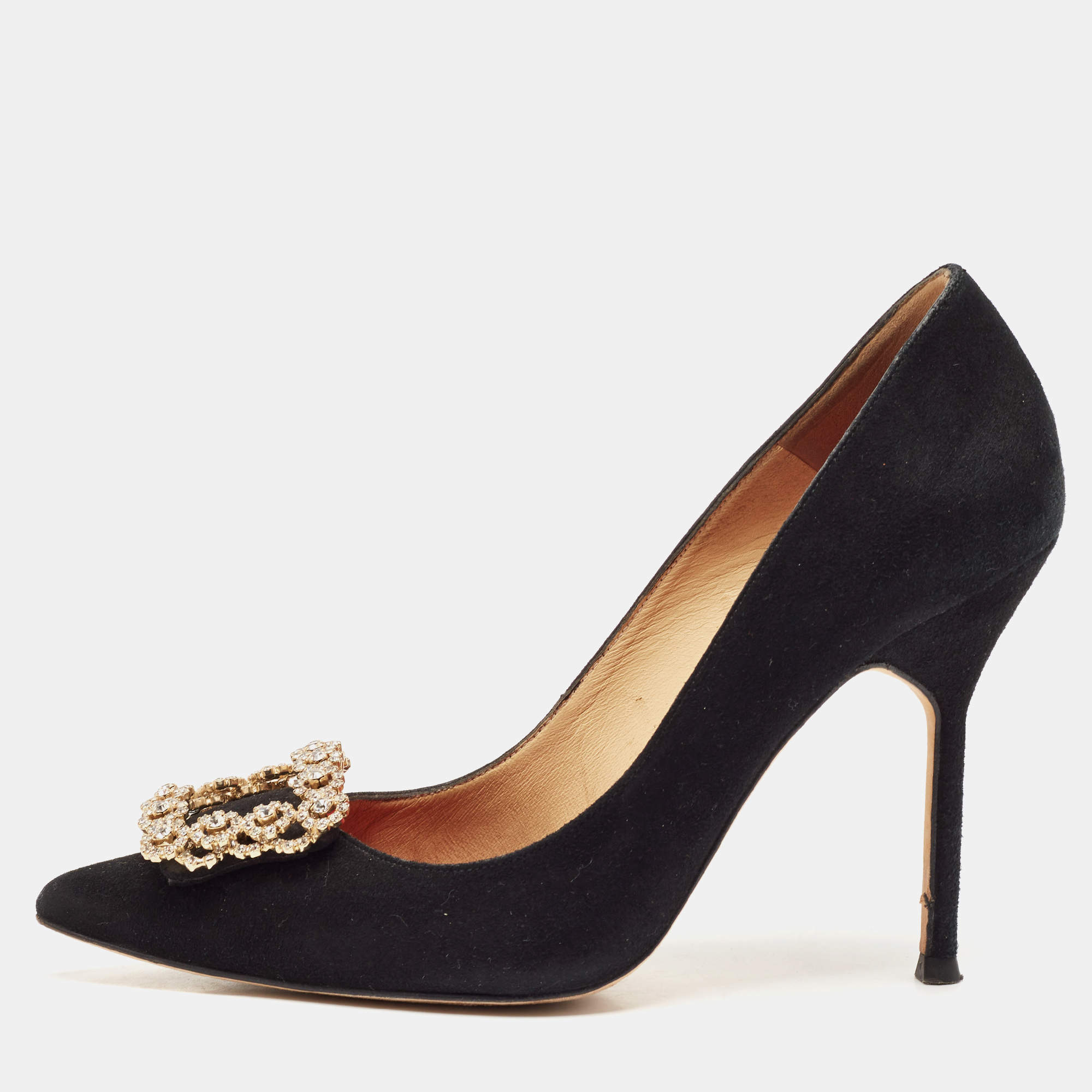 CH Carolina Herrera Black Suede Crystal Embellished Pointed Toe Pumps Size 37
