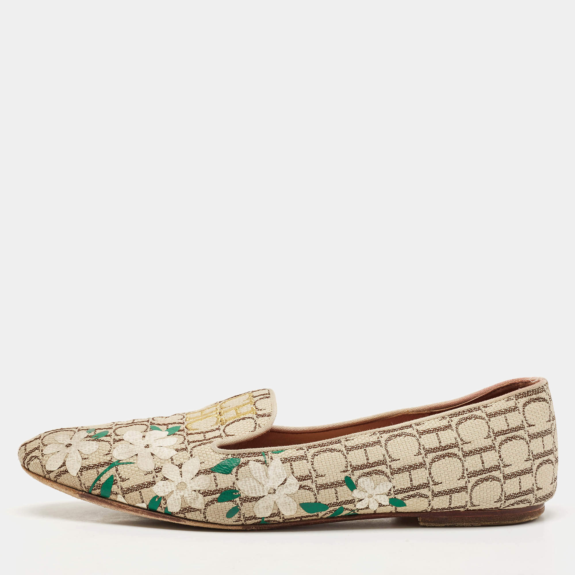 CH Carolina Herrera Cream/Brown Monogram Canvas Ballet Flats Size 39