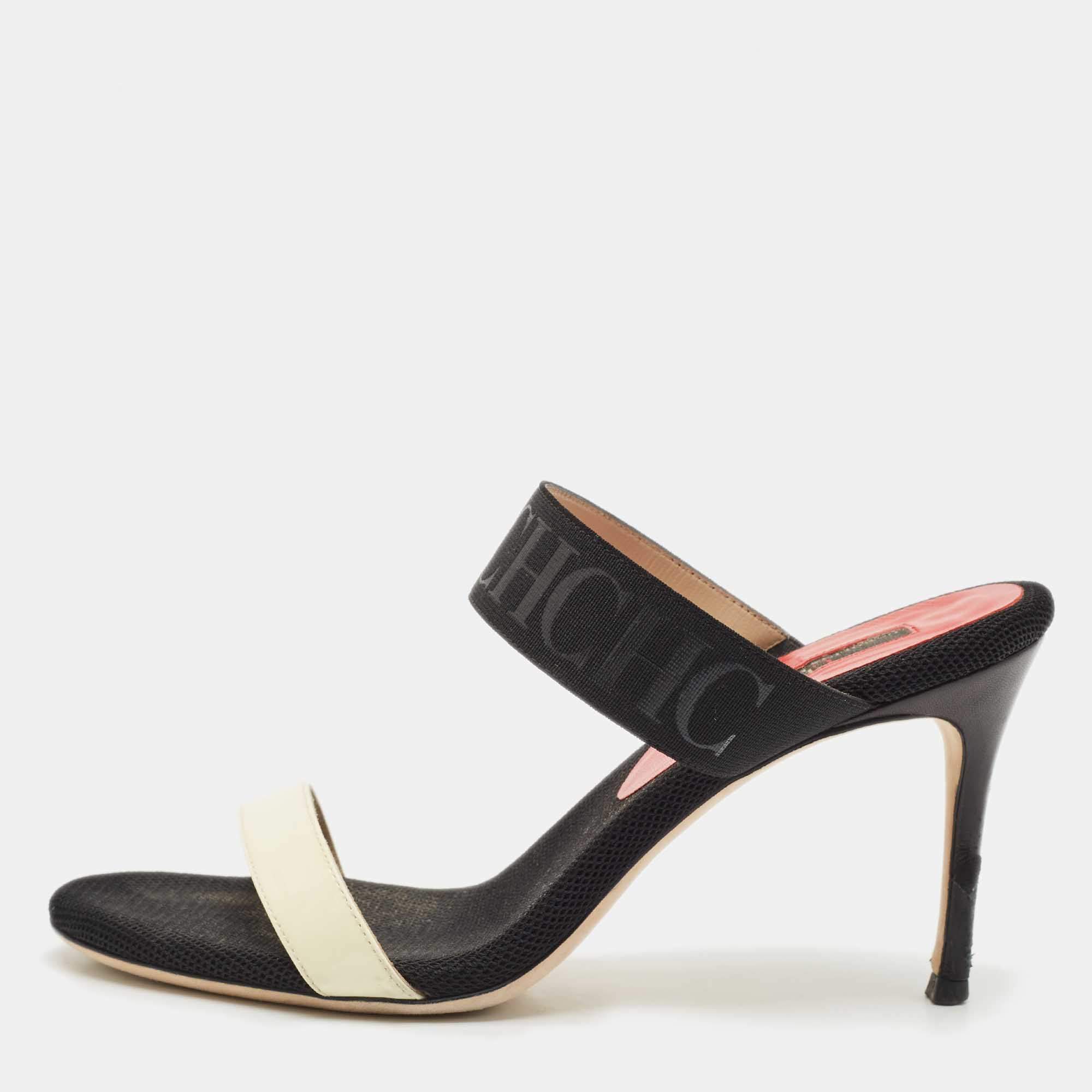 CH Carolina Herrera Black/White Fabric and Patent Leather Slide Sandals Size 38