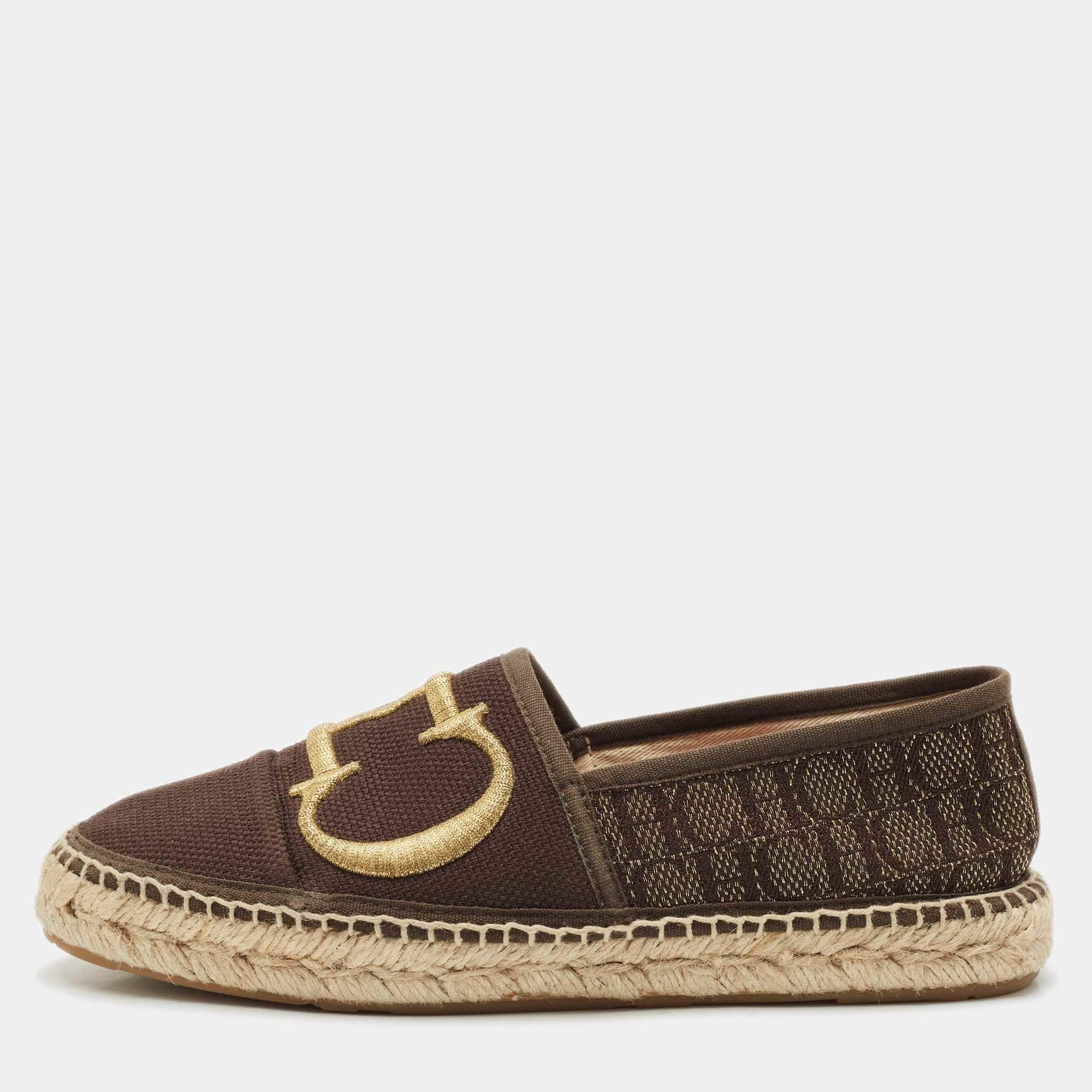 CH Carolina Herrera Dark Brown Canvas Logo Espadrille Flats Size 38