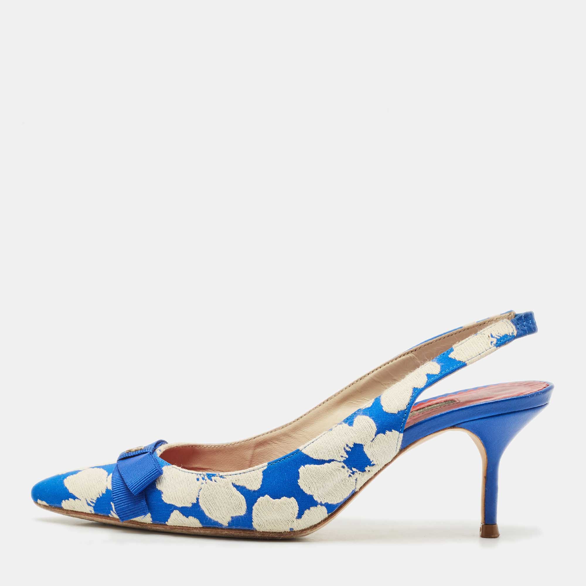 Pre Owned CH Carolina Herrera Blue/White Canvas Bow Slingback Pumps Size 37