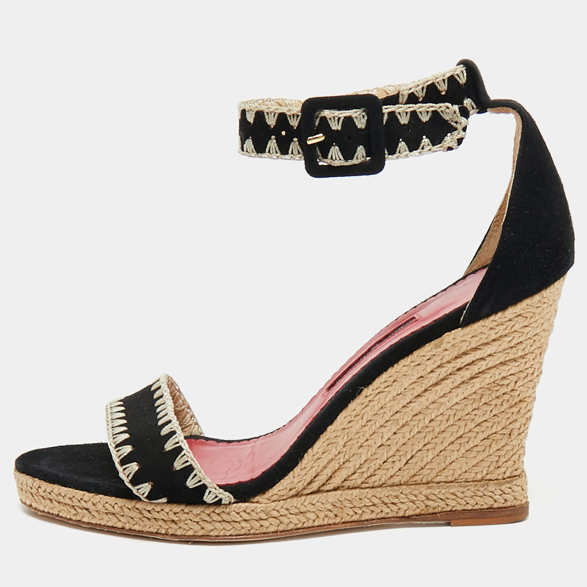 Pre Owned CH Carolina Herrera Black/Beige Suede Wedge Ankle Wrap Espadrilles Size 37