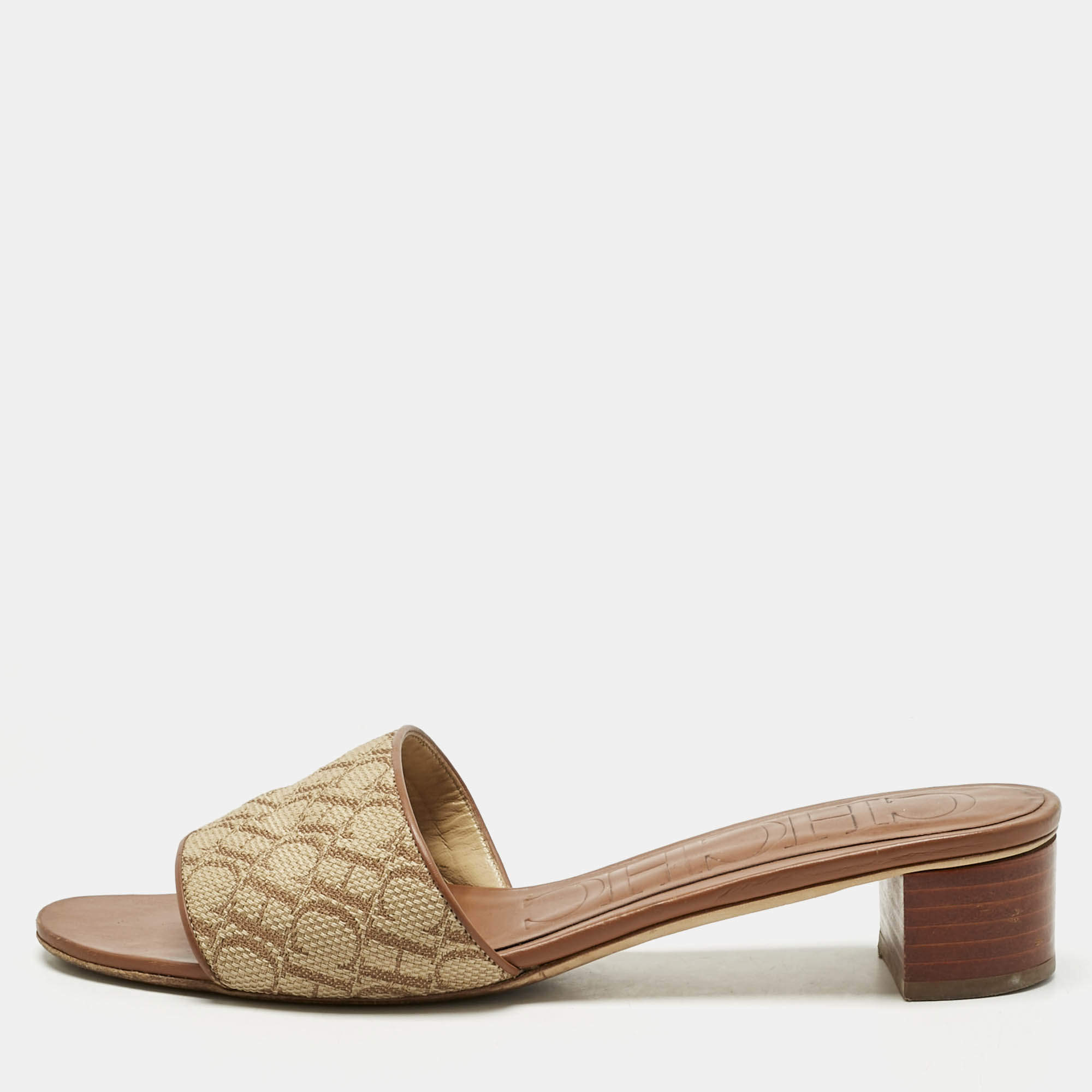 Pre Owned CH Carolina Herrera Brown Monogram Canvas Matryoshka Slide Sandals Size 39