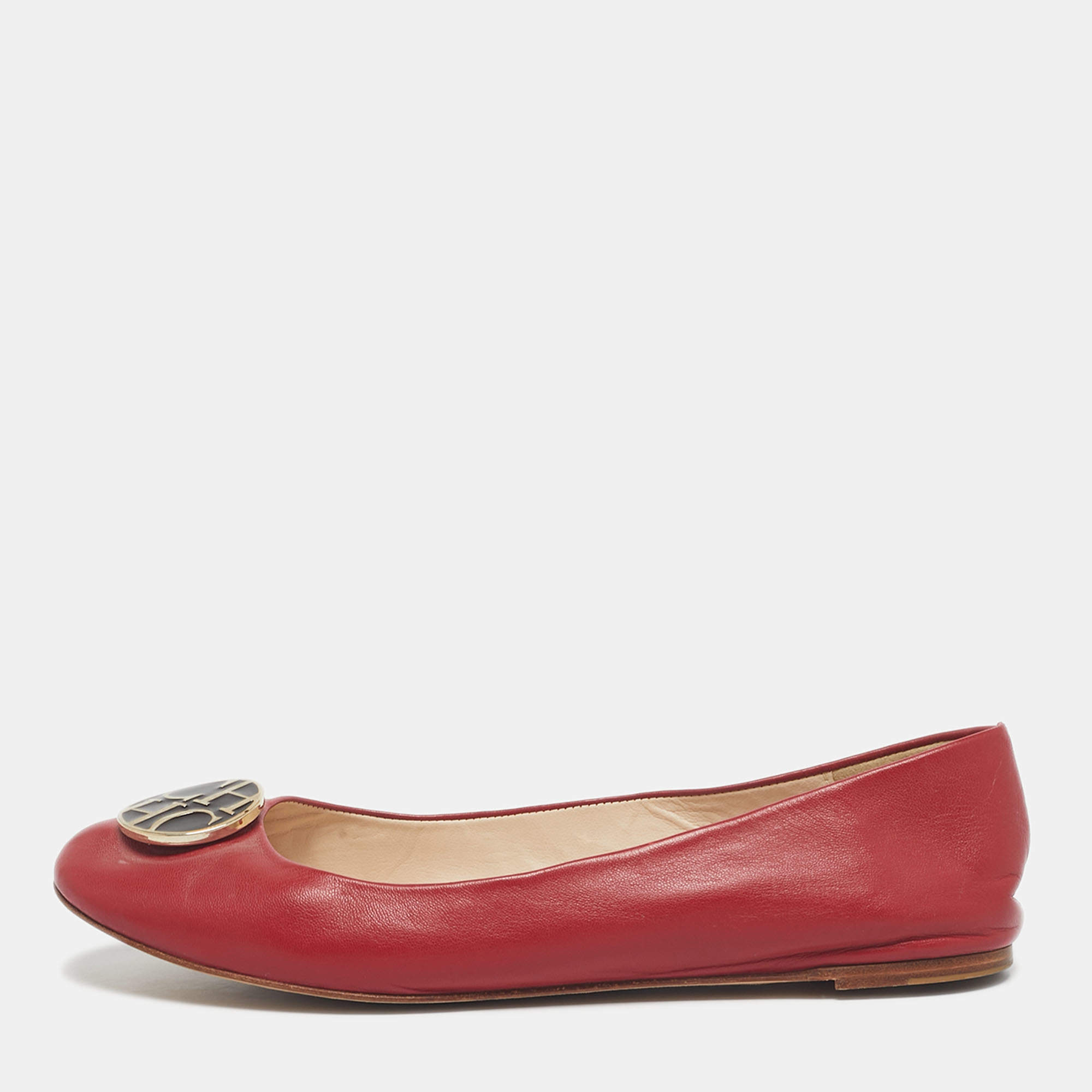 Pre Owned CH Carolina Herrera Red Leather Logo Ballet Flats Size 38