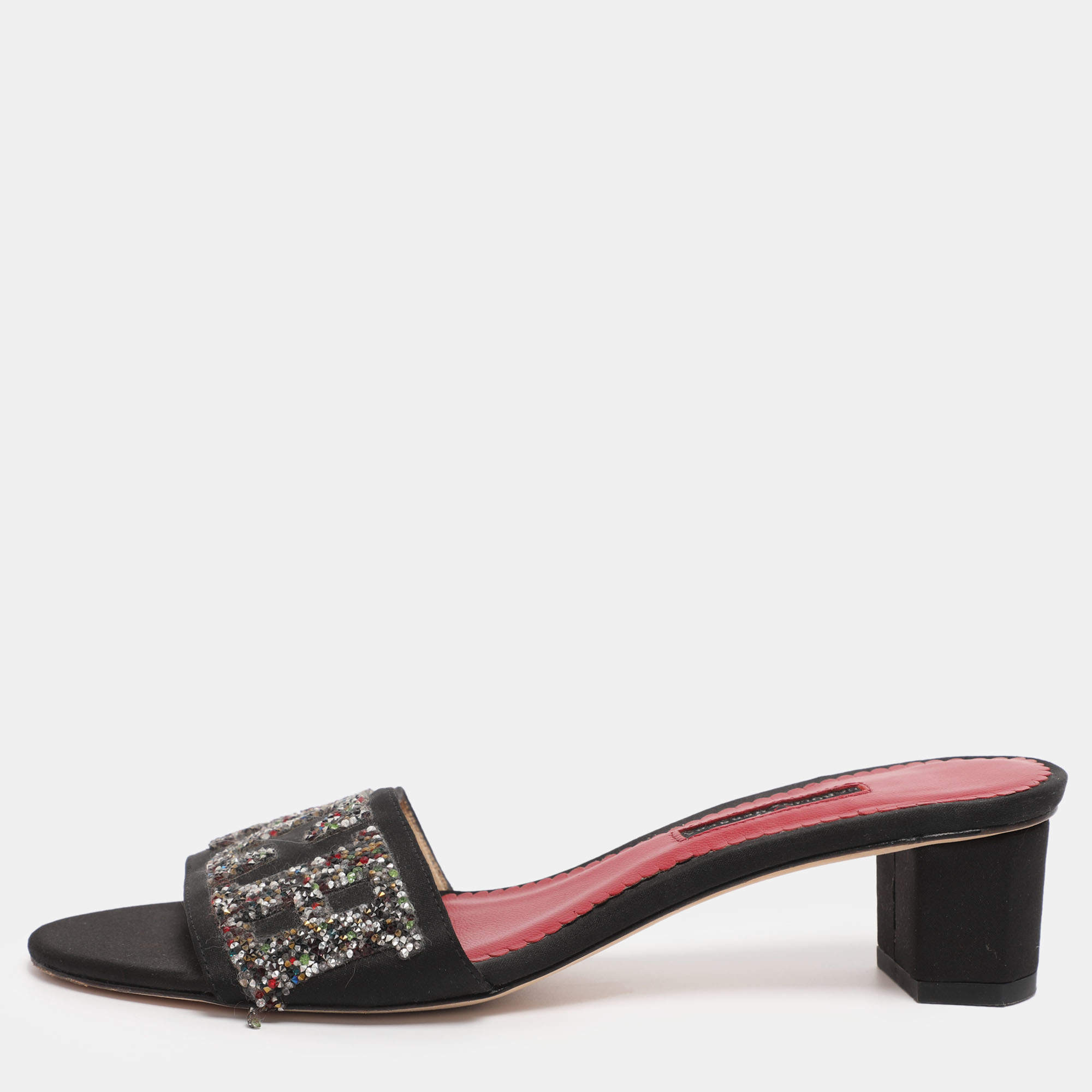 Pre Owned CH Carolina Herrera Black Satin And Glitter Slide Sandals Size 37