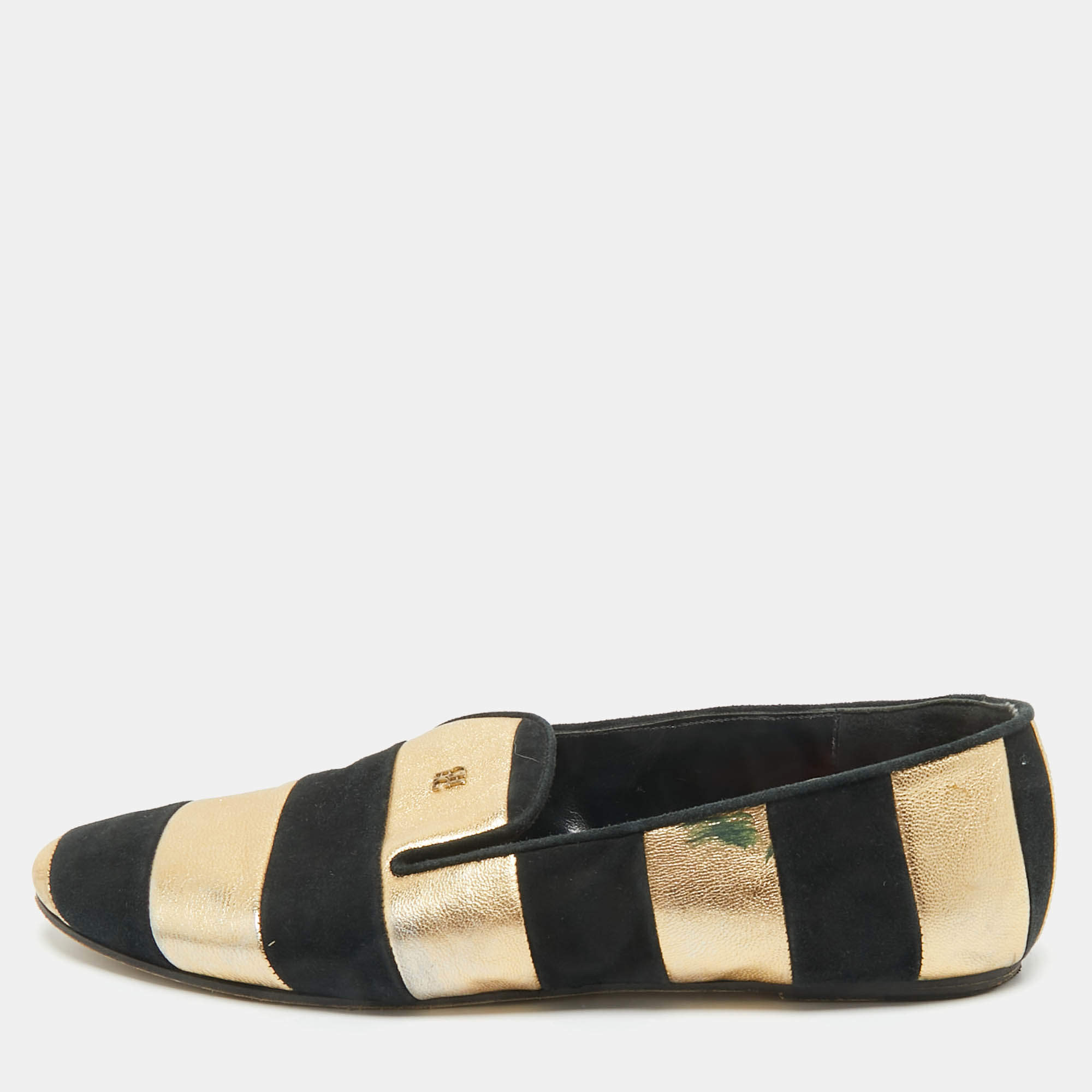 Pre Owned CH Carolina Herrera Black/Gold Leather and Suede Smoking Slippers Size 38