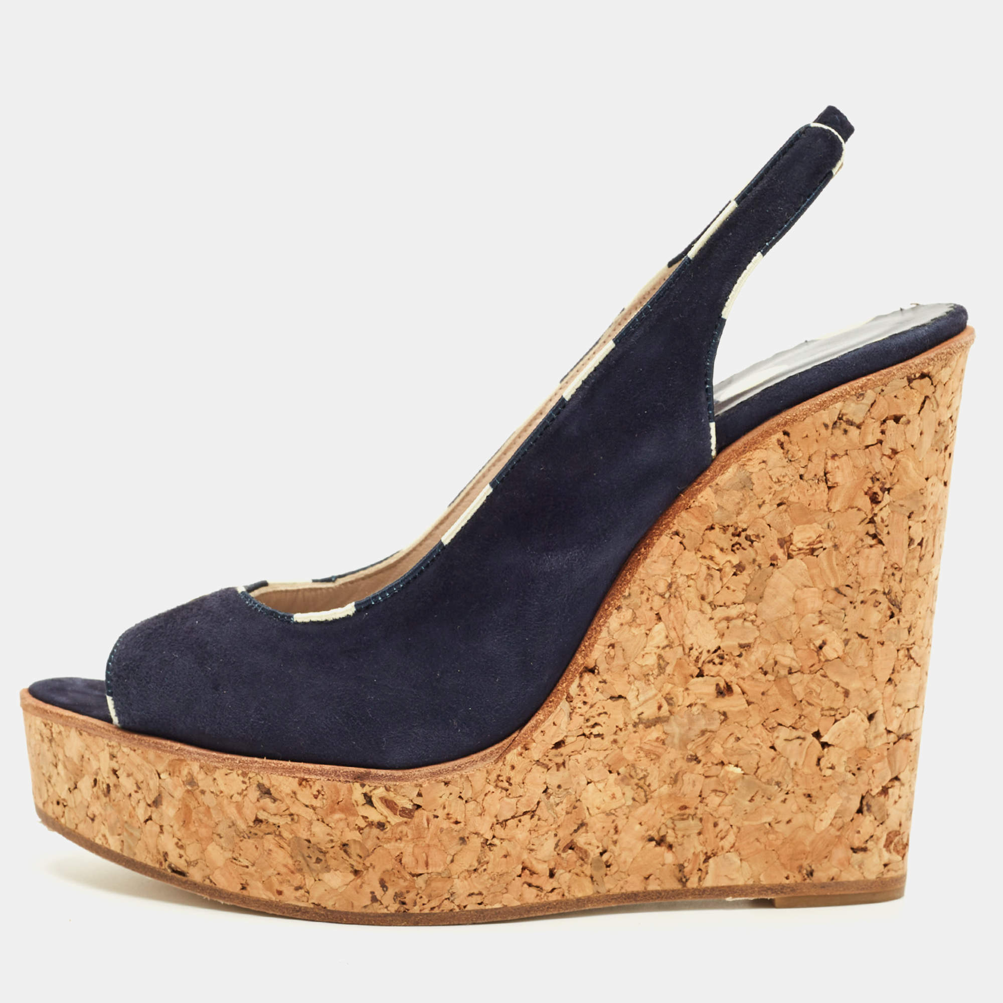 Pre Owned CH Carolina Herrera Navy Blue Suede Cork Wedge Sandals Size 39