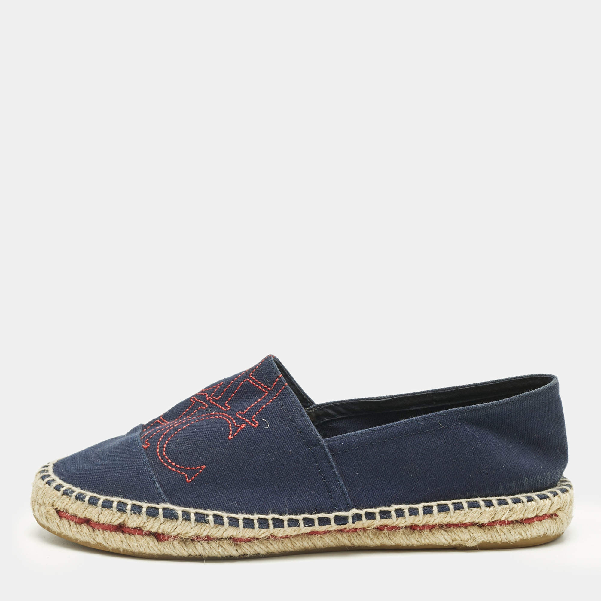 Pre Owned CH Carolina Herrera Navy Blue Canvas Espadrille Flats Size 37