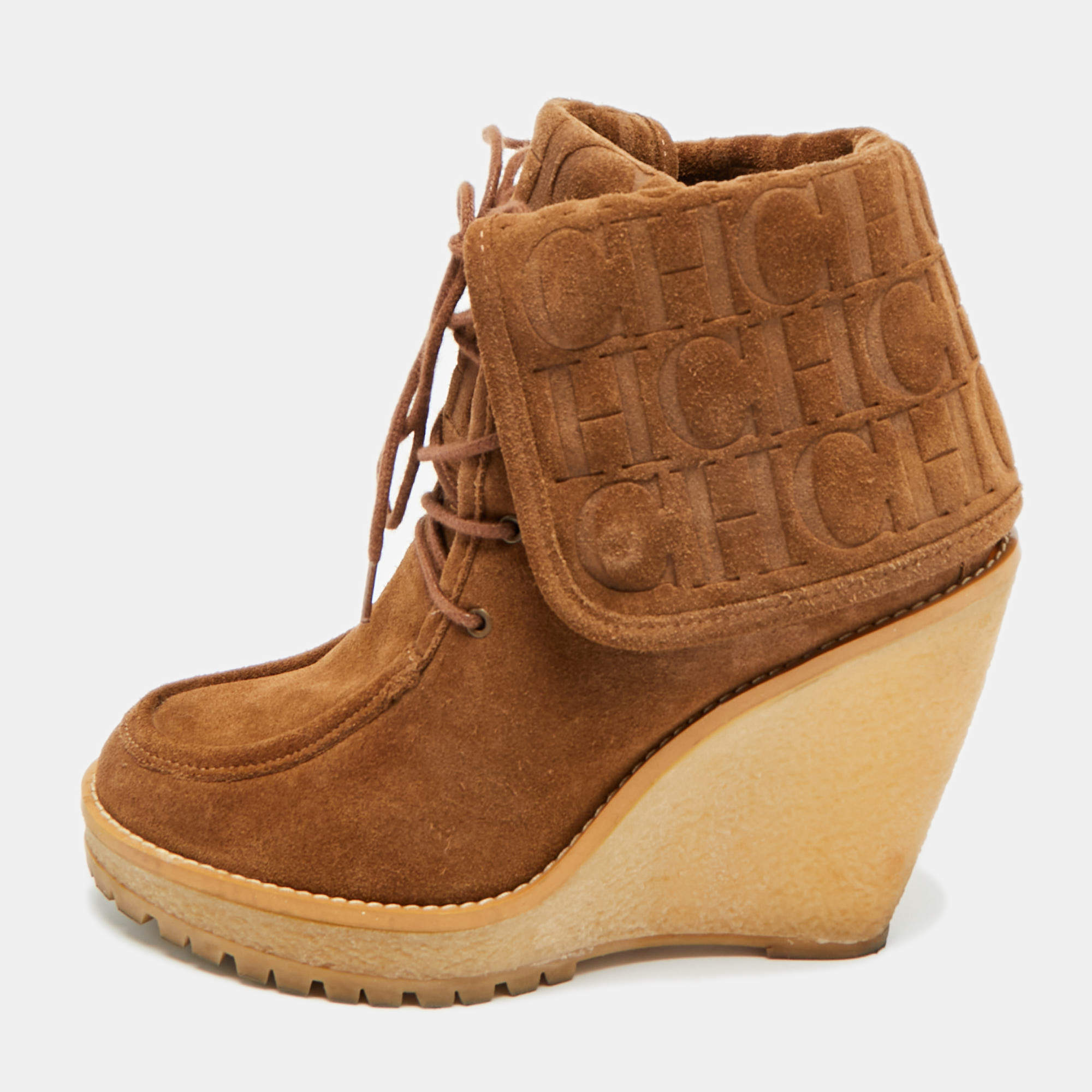 مملوكة مسبقًا CH Carolina Herrera Size 37 Brown Suede Wedge Ankle Length Boots
