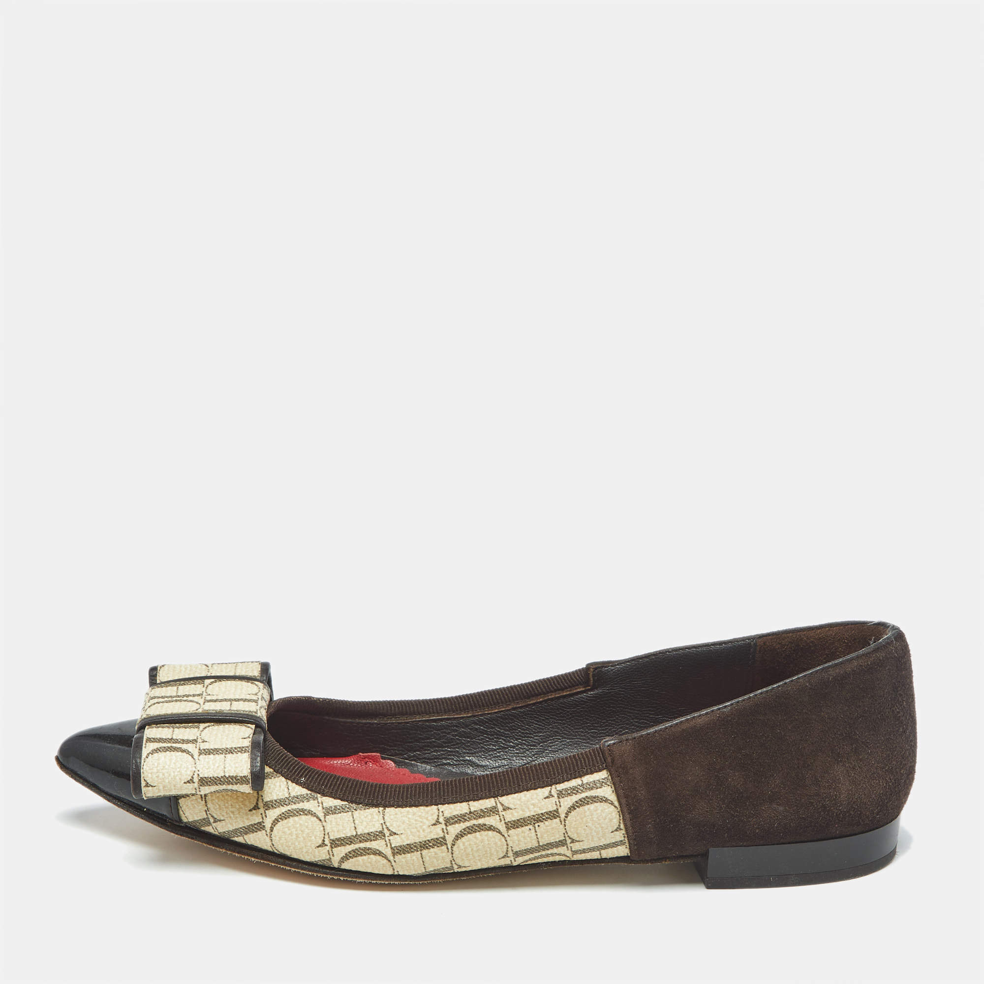 مملوكة مسبقًا Ch Carolina Herrera Size 36 Brown/Cream Suede and Monogram Coated Canvas Ballet Flats