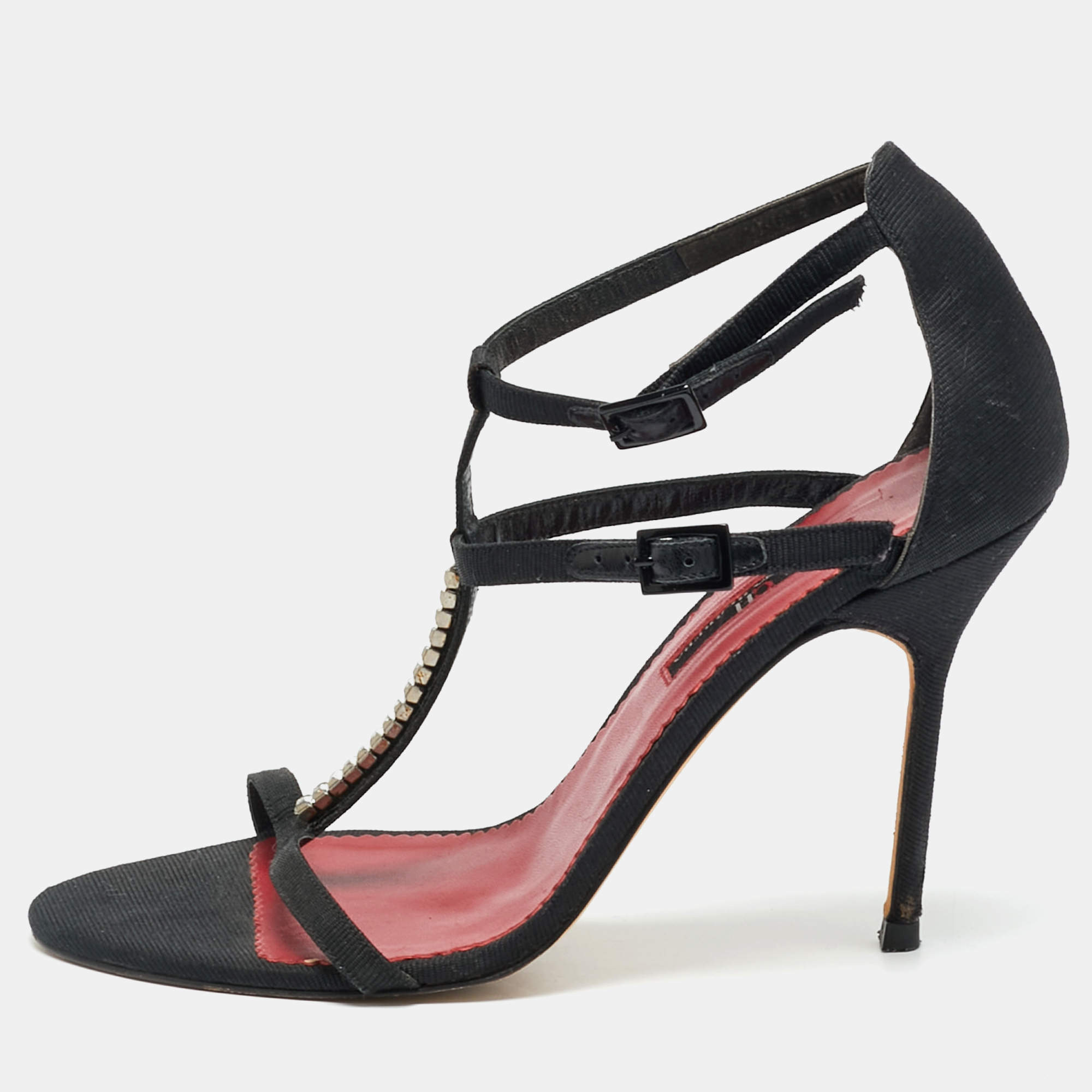 Pre Owned CH Carolina Herrera Size 37 Black Canvas Ankle Strap Sandals