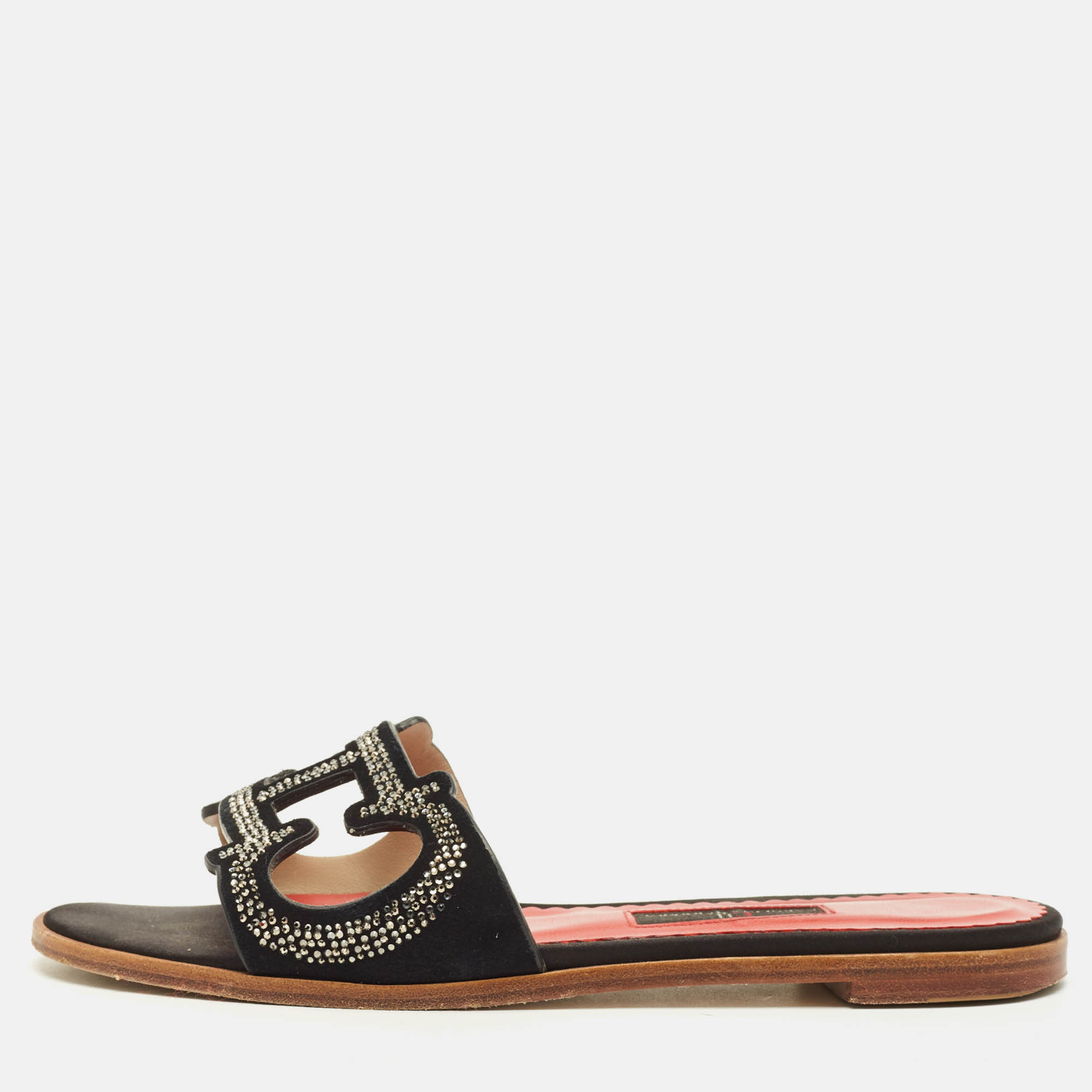 Pre Owned صندل سي إتش كارولينا هيريرا جلد أزرق كحلي ومزين بالترتر مسطح مقاس 38