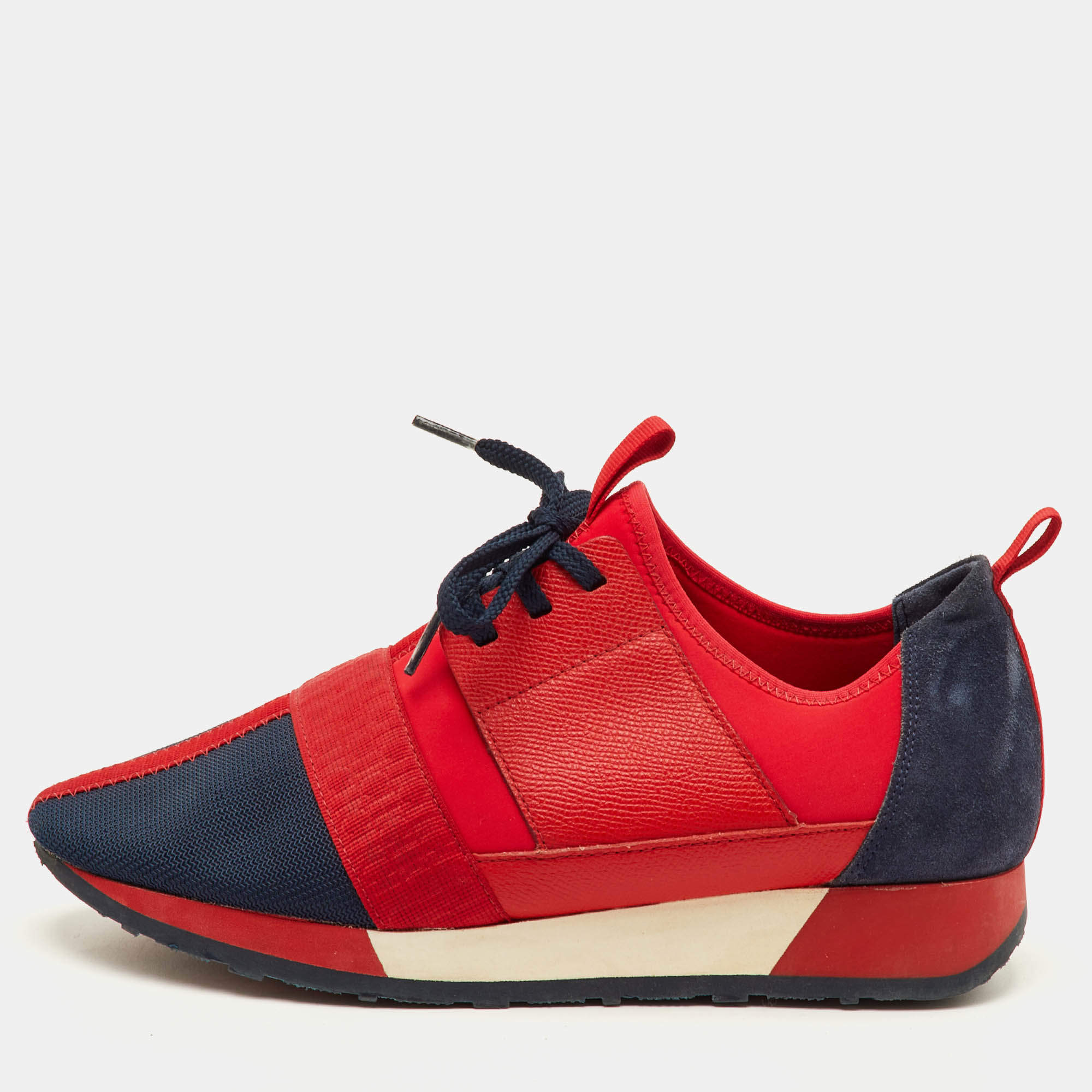 Pre Owned CH Carolina Herrera Size 39 Red/Navy Blue Fabric, Leather and Suede Low Top Sneakers