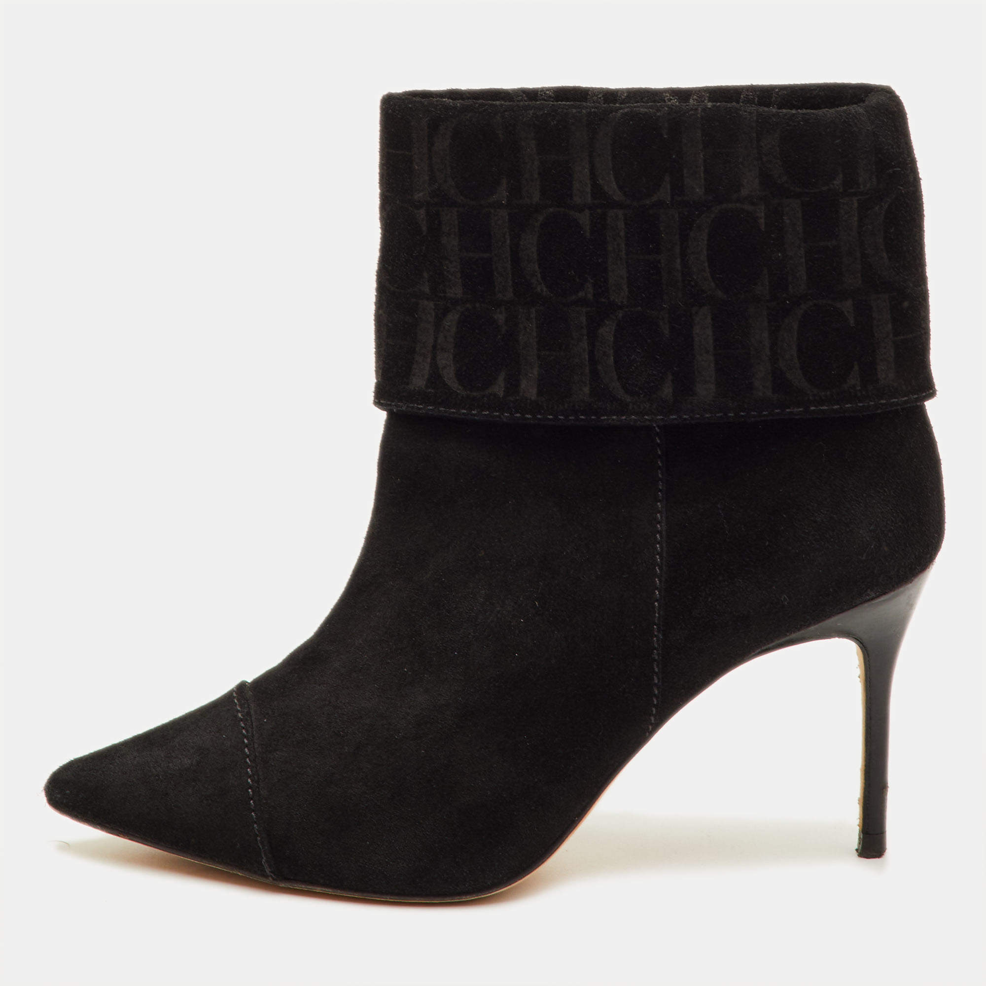 Pre Owned CH Carolina Herrera Logo Embossed Size 37 Black Suede Pointed Toe Ankle Length Boots