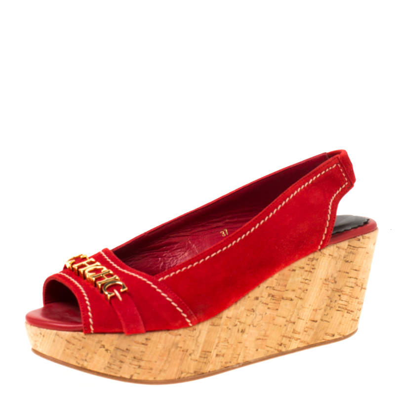 Pre Owned Carolina Herrera Red Suede Peep Toe Slingback Sandals Size 37