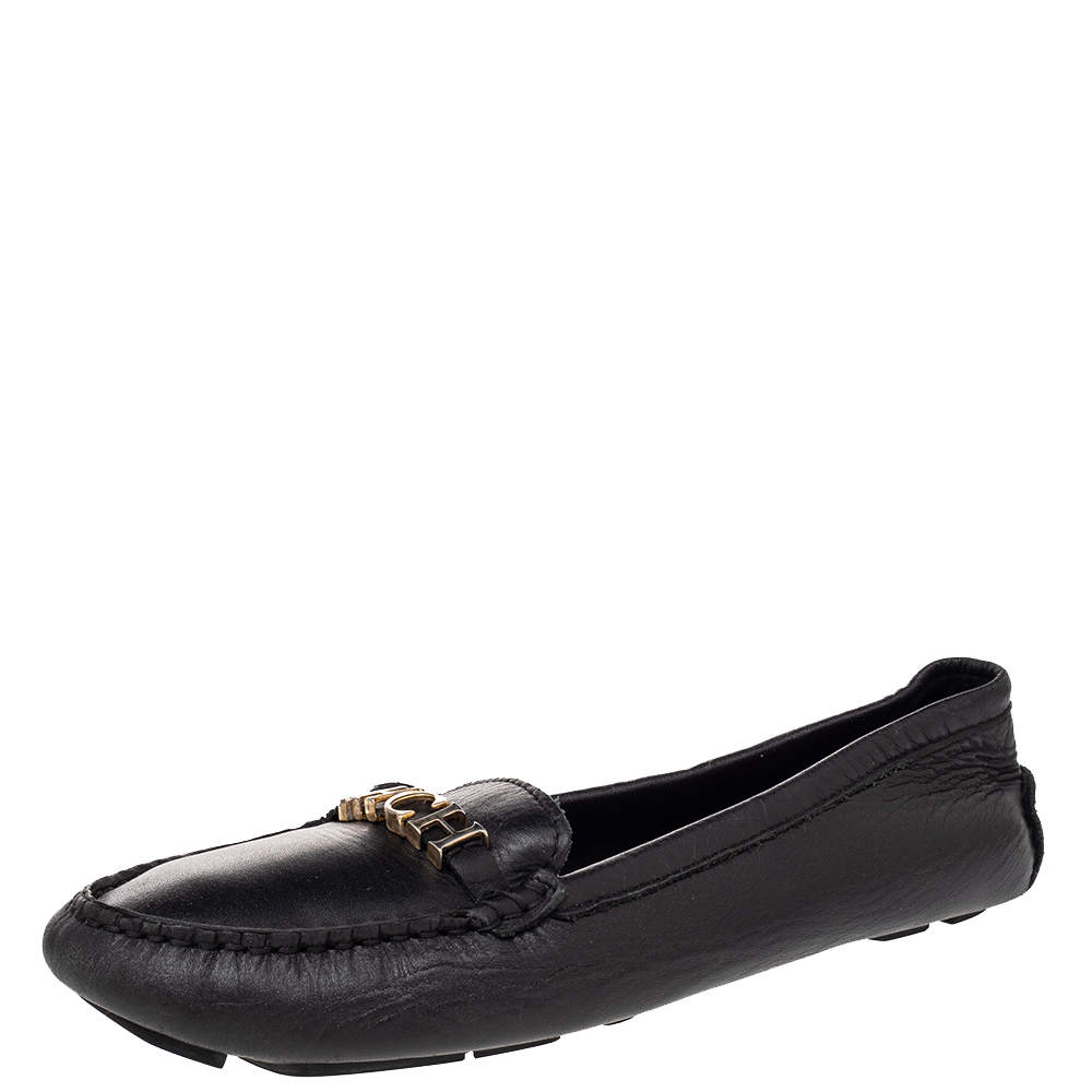 Pre Owned CH Carolina Herrera Black Leather Logo Embellished Slip On Loafers Size 38