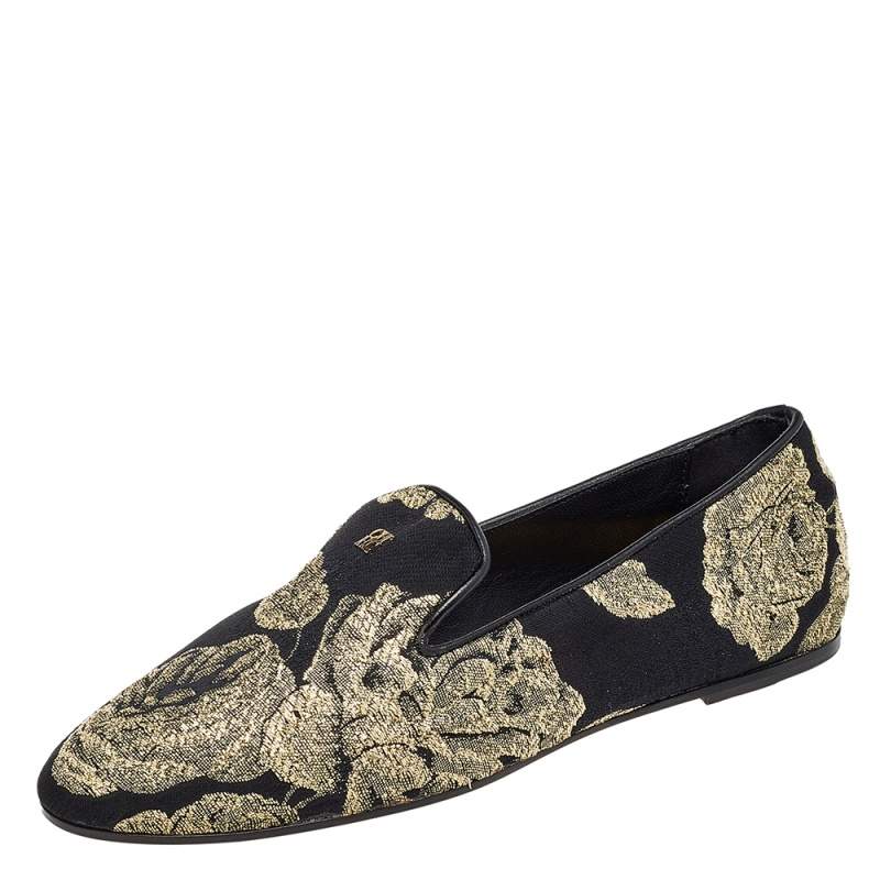 Pre Owned CH Carolina Herrera Black/Gold Brocade Fabric Smoking Slippers Size 37