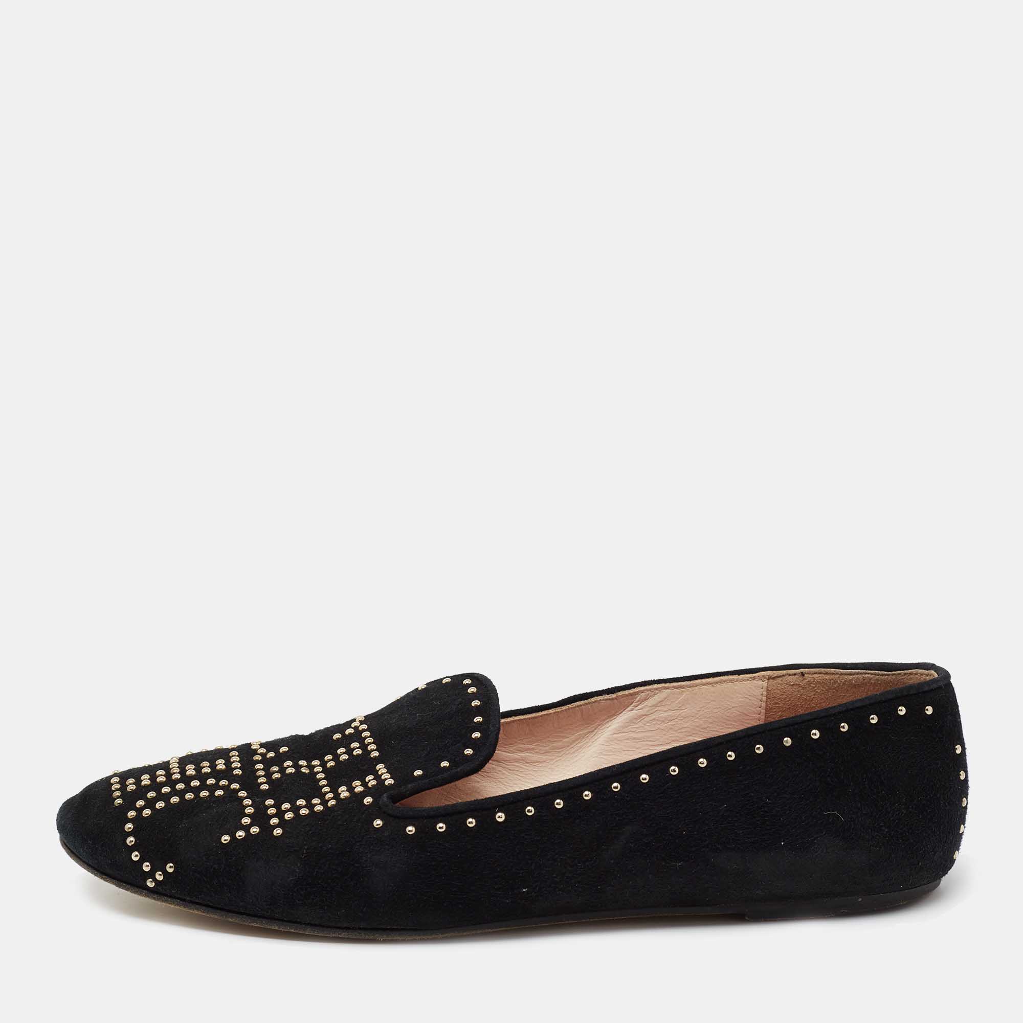 مملوكة مسبقًا CH Carolina Herrera Black Suede Studded Smoking Slippers Size 39