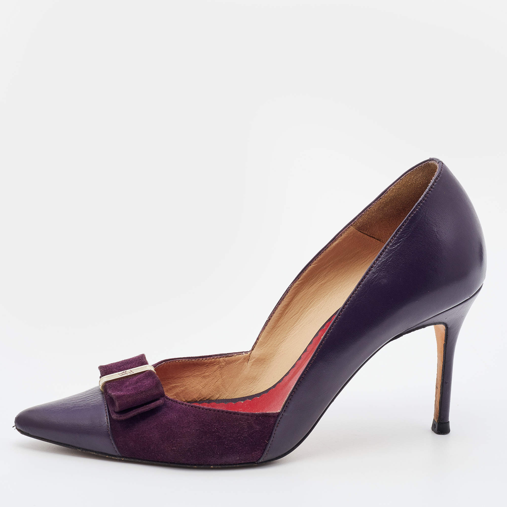 Pre Owned CH Carolina Herrera Purple Suede And Leather Pointed Cap Toe Pumps Size 37