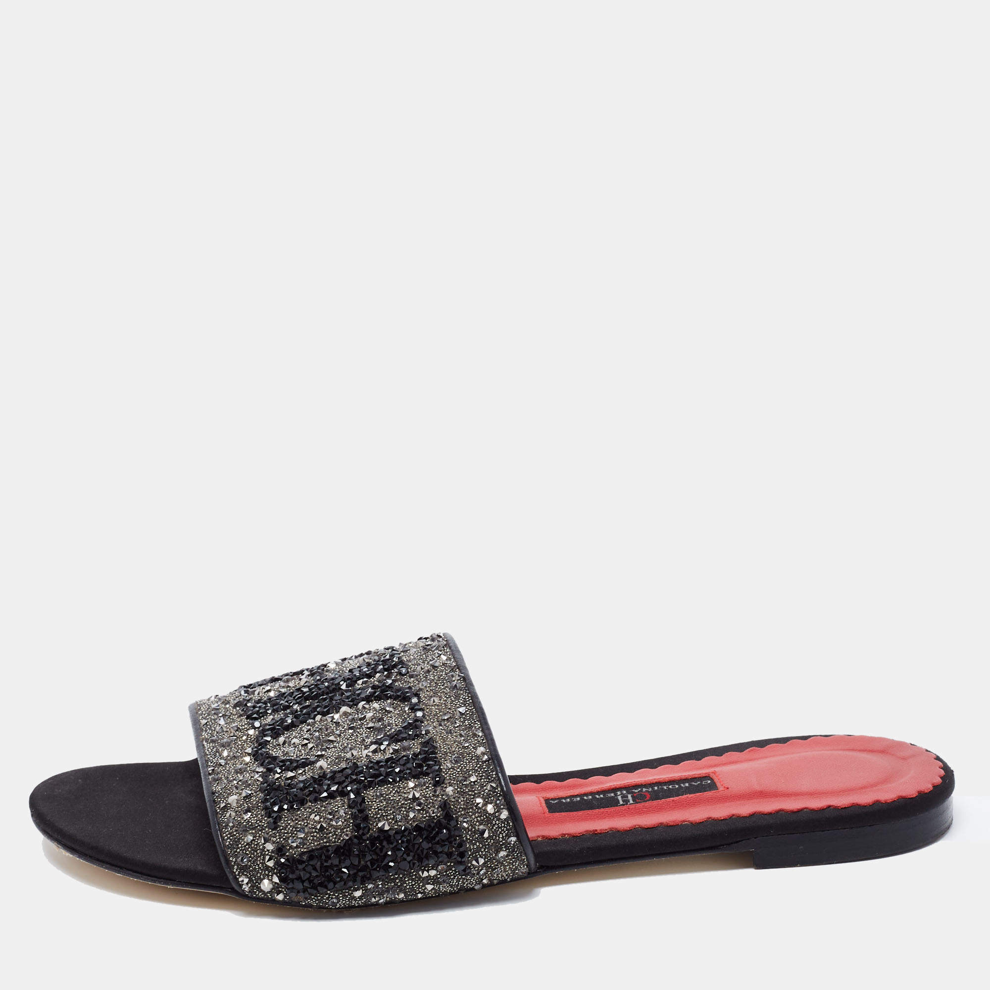 Pre Owned CH Carolina Herrera Black Leather Crystal Embellished Flat Slides Size 37
