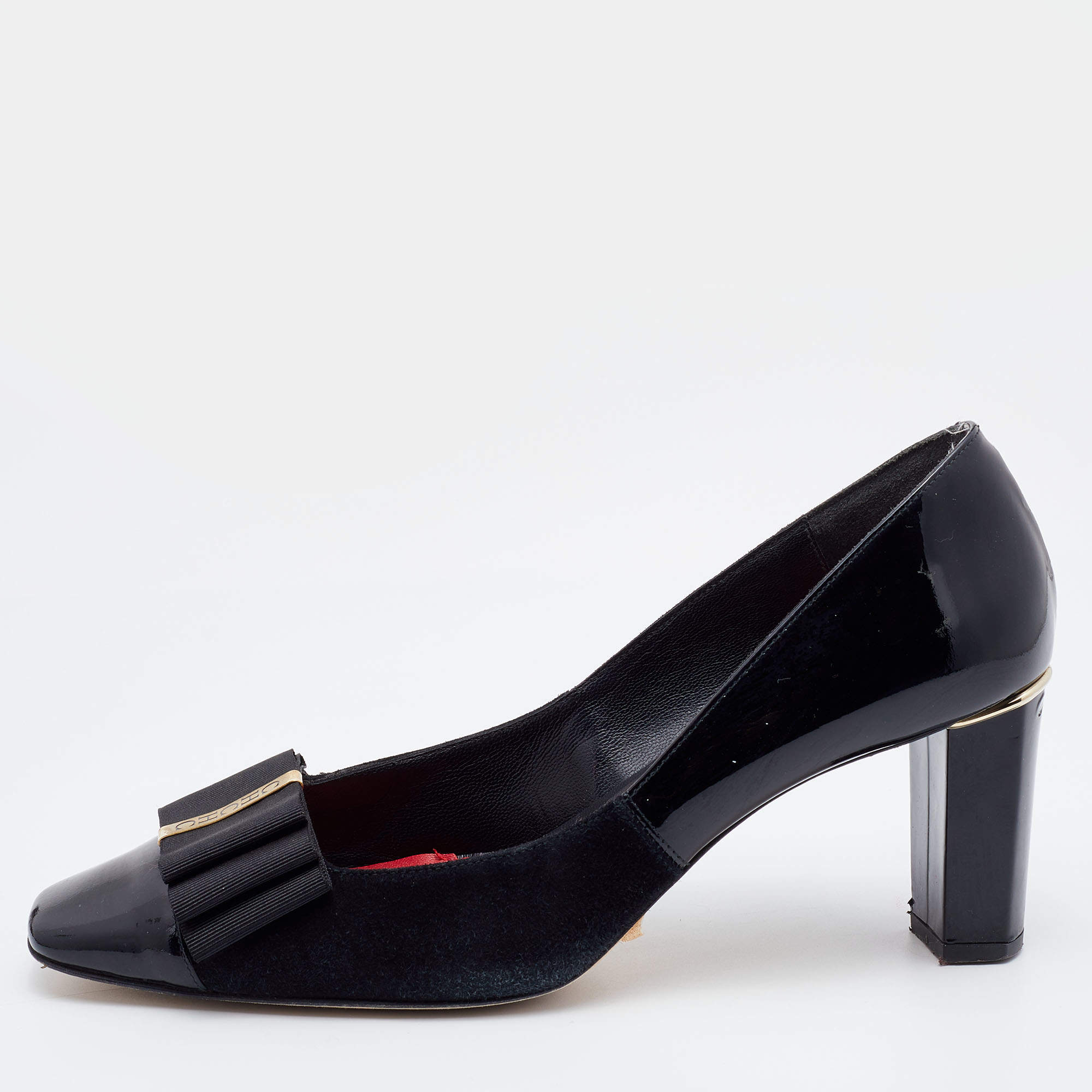 Pre Owned  CH Carolina Herrera Black Patent Leather and Suede Bow Pumps Size 40