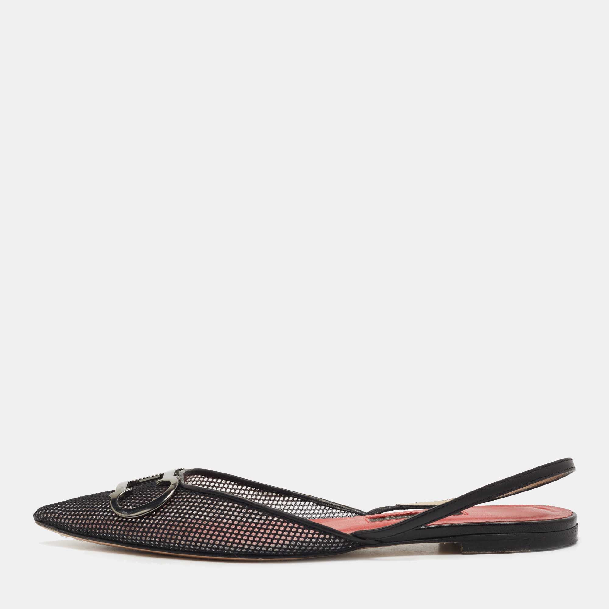 Pre Owned CH Carolina Herrera Black Mesh and Leather Logo Slingback Flats Size 39