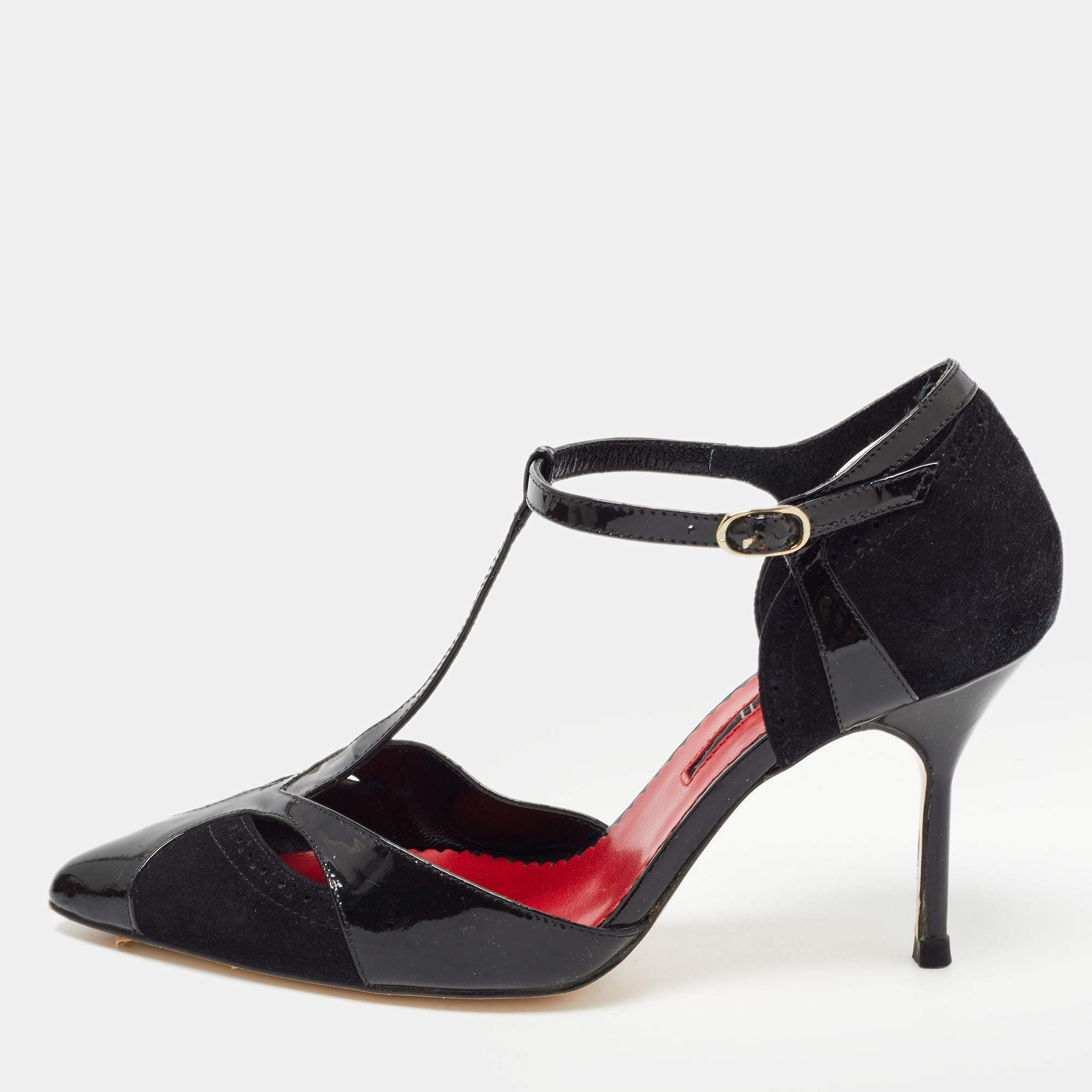 Pre Owned CH Carolina Herrera Black Leather and Suede T Strap Pumps Size 37 