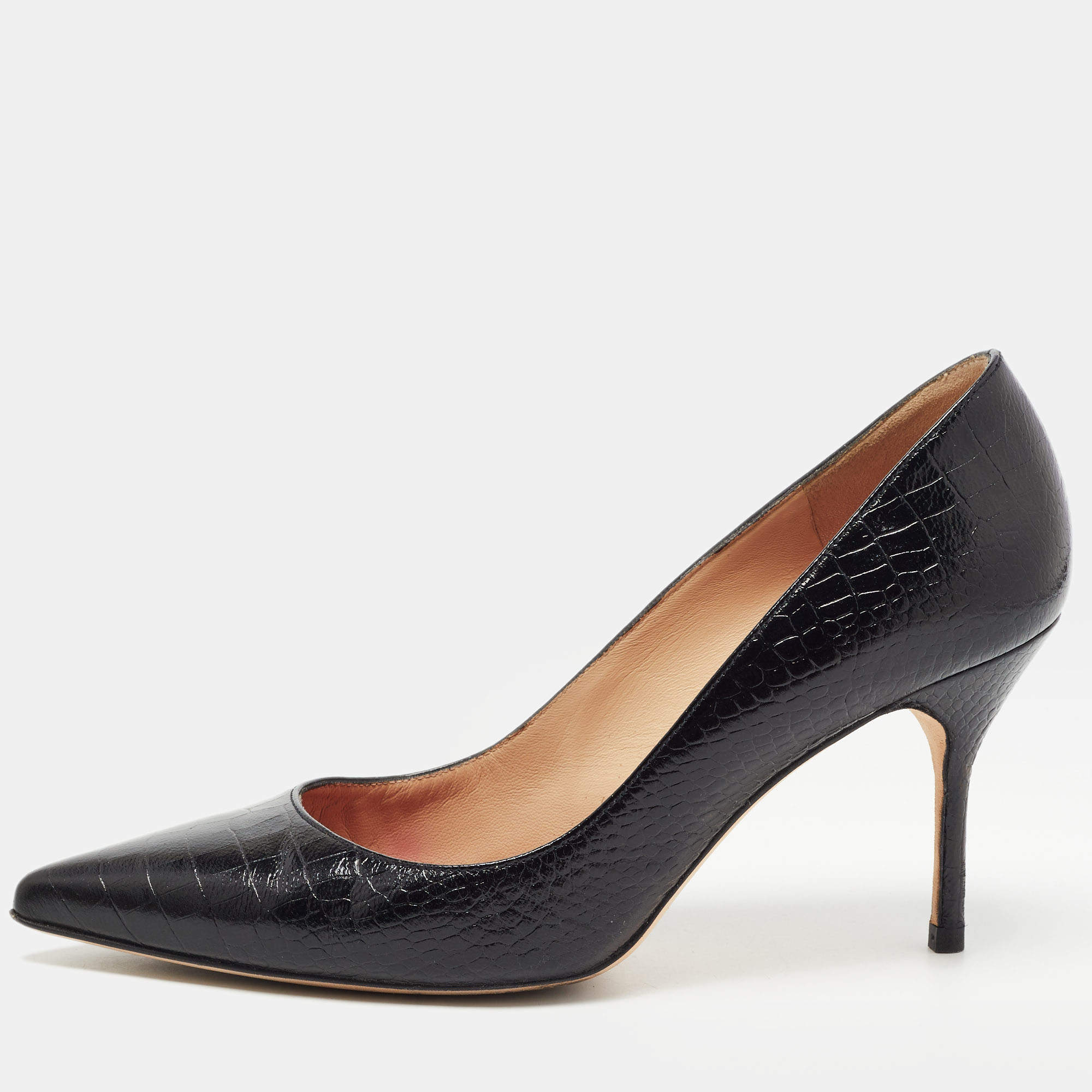 Pre Owned CH Carolina Herrera Black Croc Embossed Leather Pointed Toe Pumps Size 39