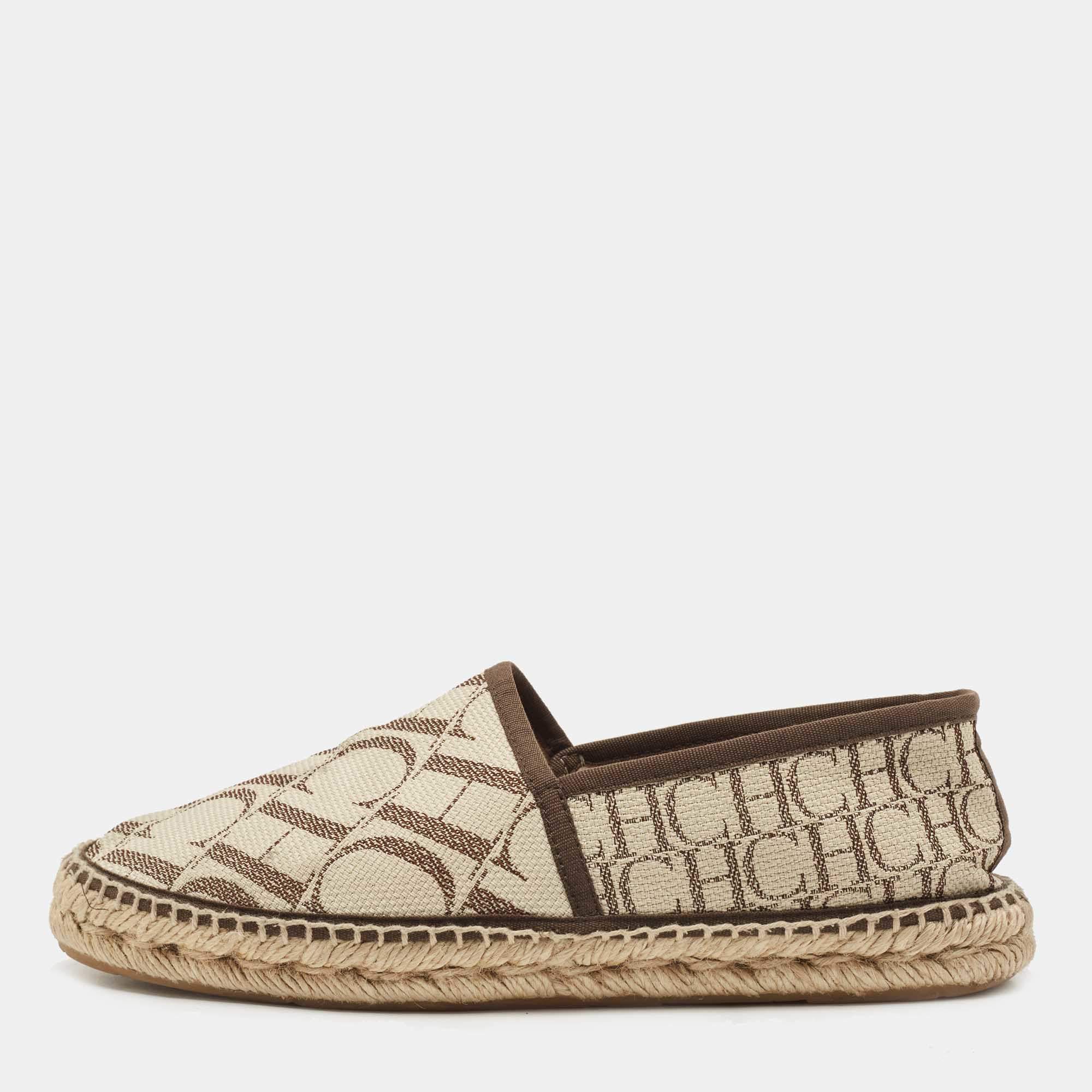 Pre Owned CH Carolina Herrera Brown/Beige Canvas Espadrille Flats Size 38