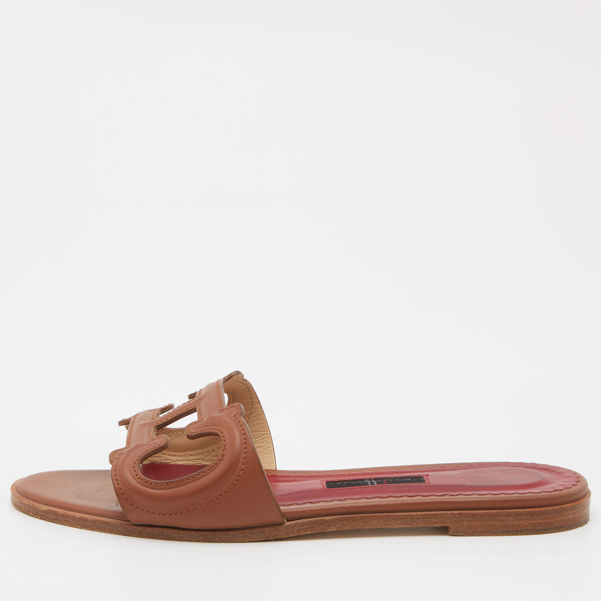 Pre Owned CH Carolina Herrera Brown Leather Insignia Cut Out Flat Slides Size 40