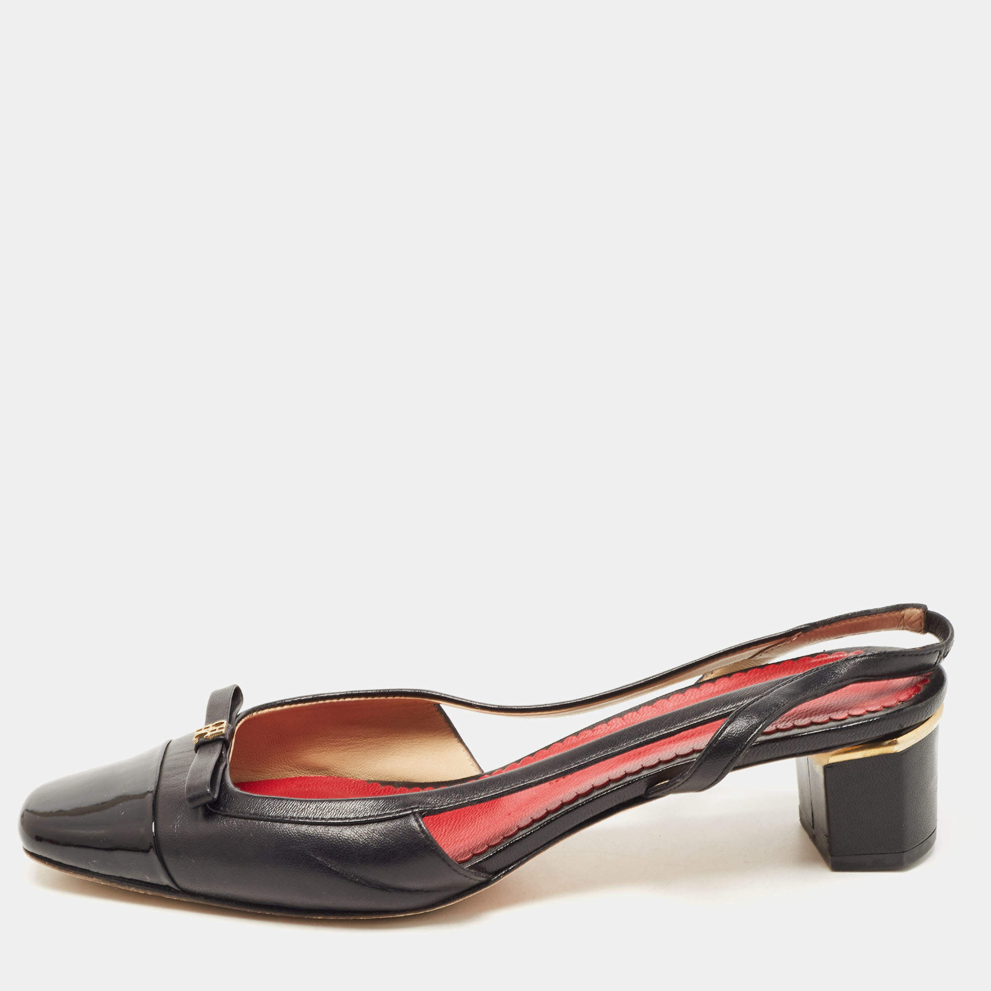 Pre Owned CH Carolina Herrera Black Leather and Patent CH Logo Bow Slingback Pumps Size 37