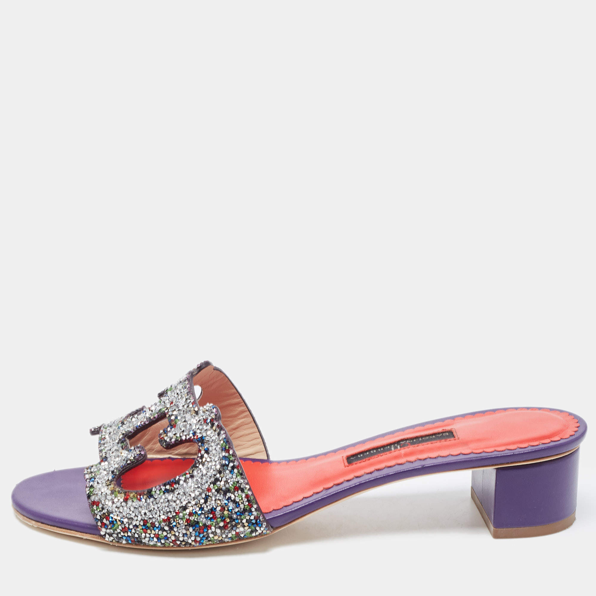 Pre Owned CH Carolina Herrera Multicolor Crystal Embellished Insignia Cutout Slide Sandals Size 38