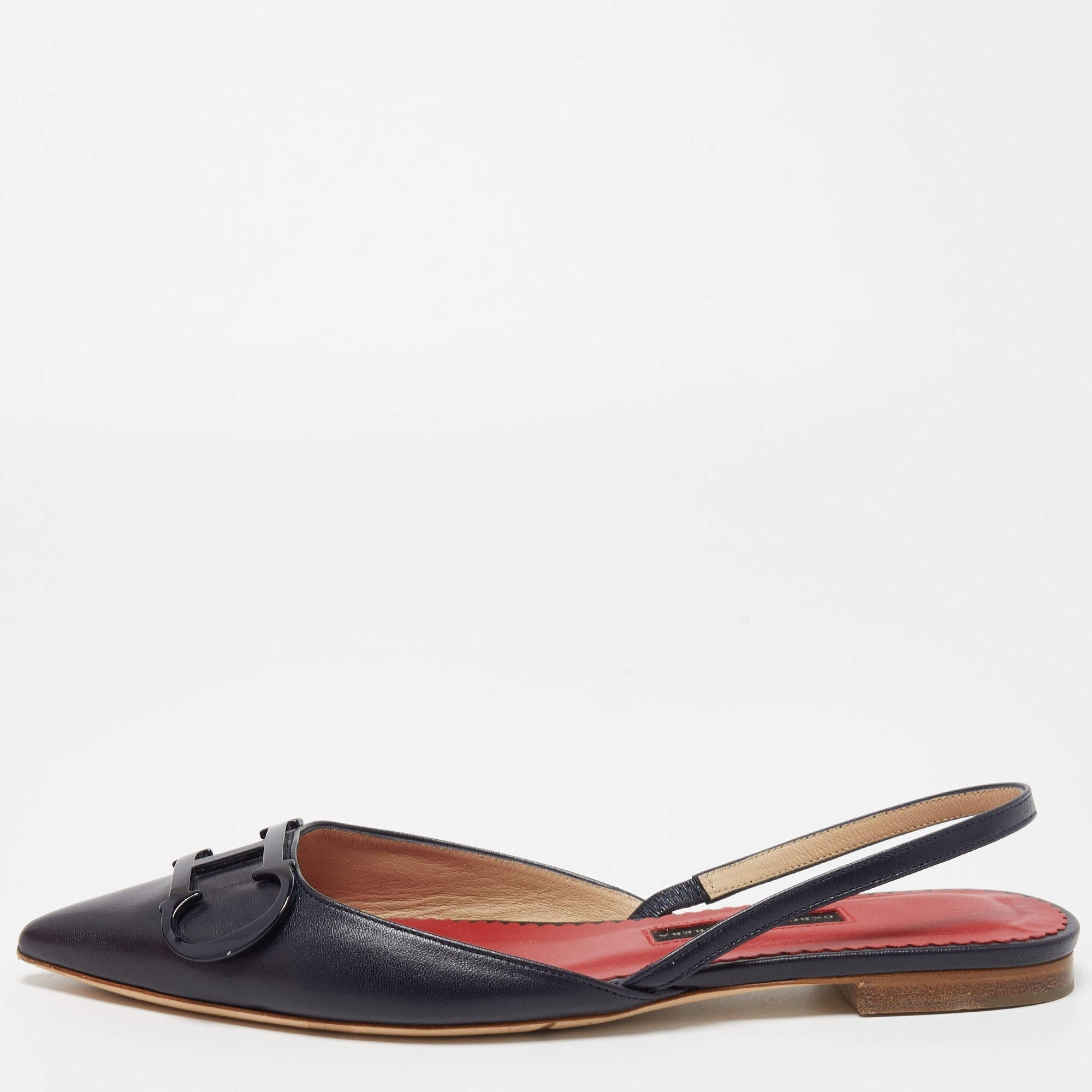 Pre Owned CH Carolina Herrera Navy Blue Leather Initials Insignia Slingback Flats Size 37 