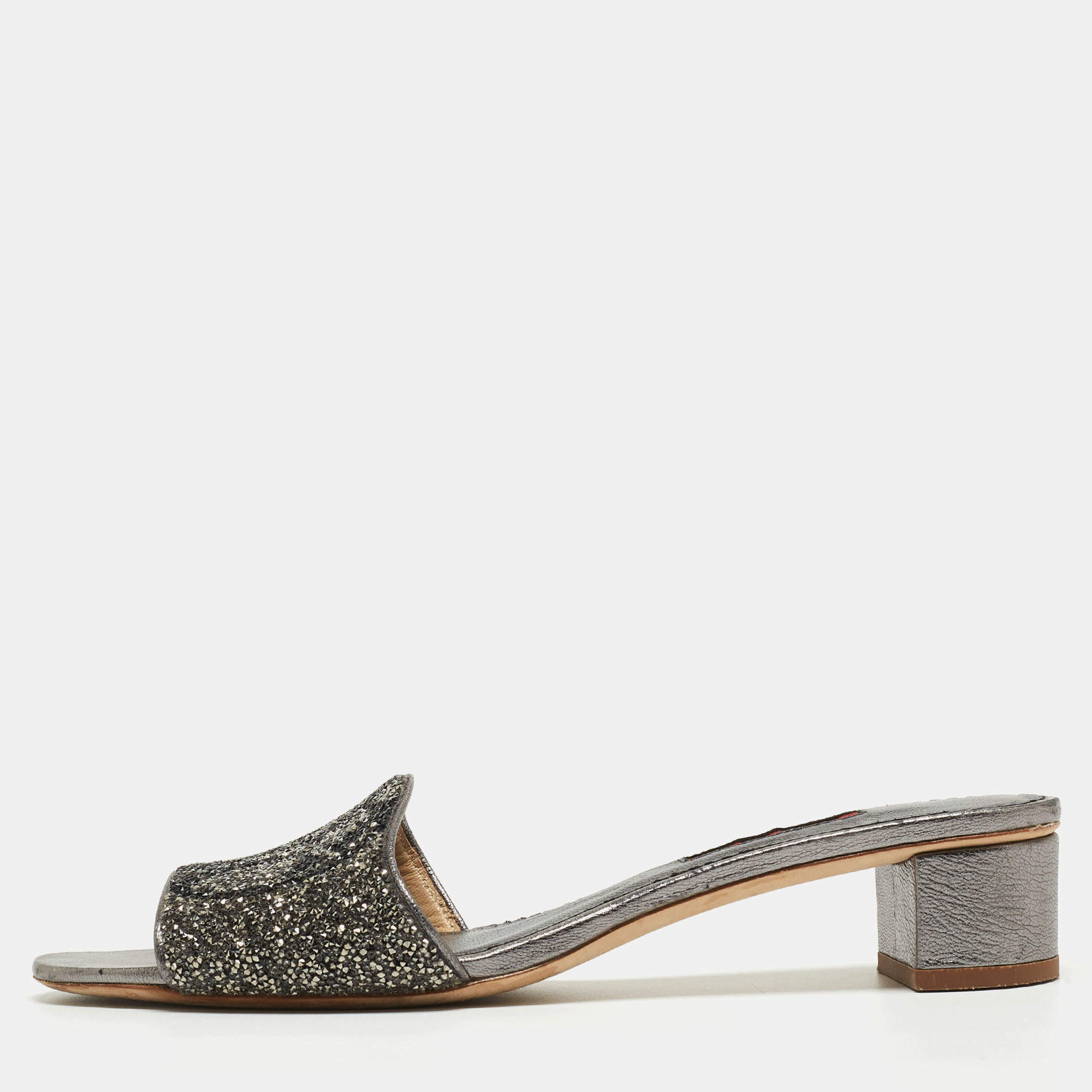 Pre Owned CH Carolina Herrera Grey/Black Leather Crystal Embellished Logo Slide Sandals Size 39