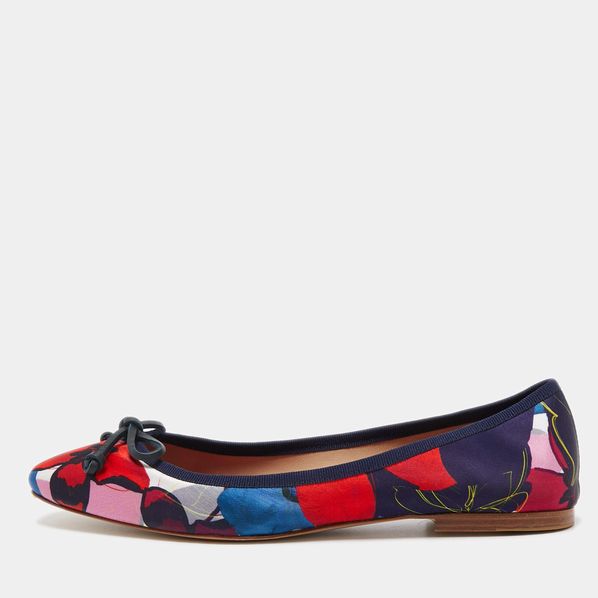 Pre Owned CH Carolina Herrera Multicolor Floral Satin Bow Ballet Flats Size 40