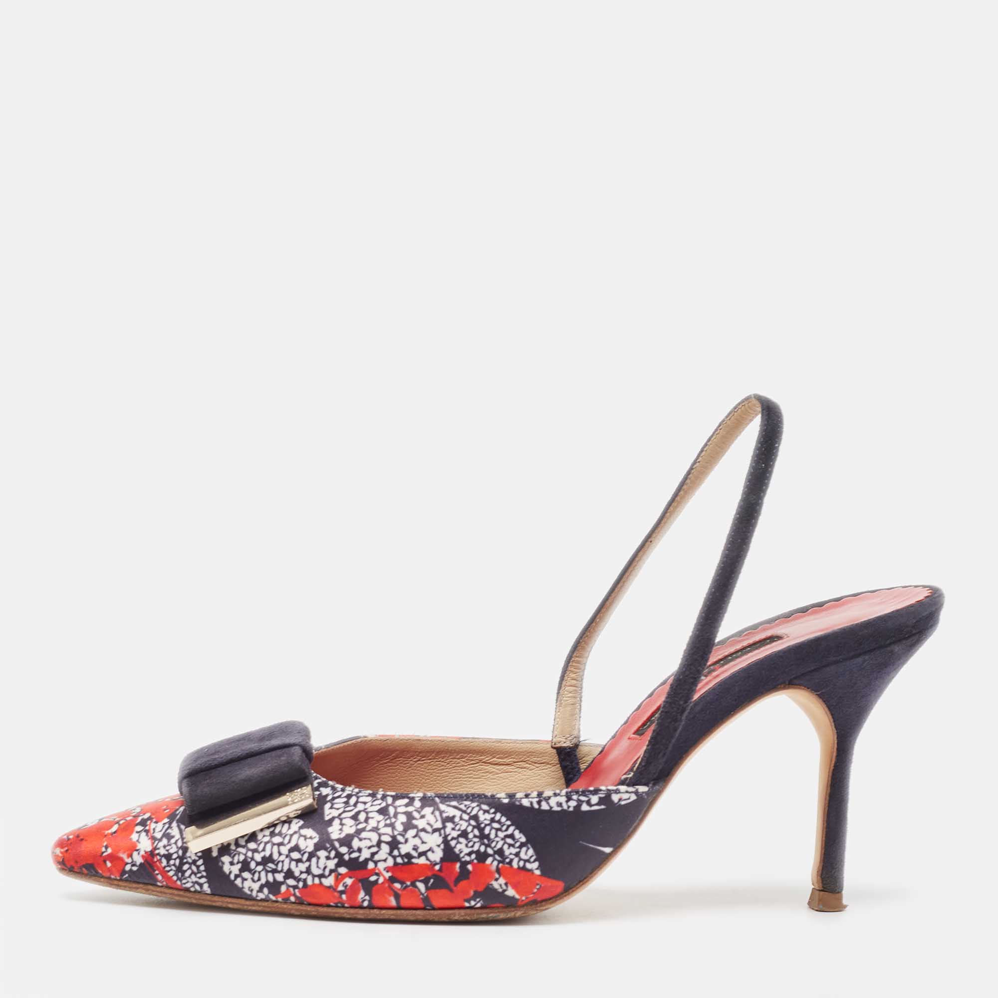 مملوكة مسبقًا Carolina Herrera Multicolor Leather and Suede Bow Slingback Pumps Size 37