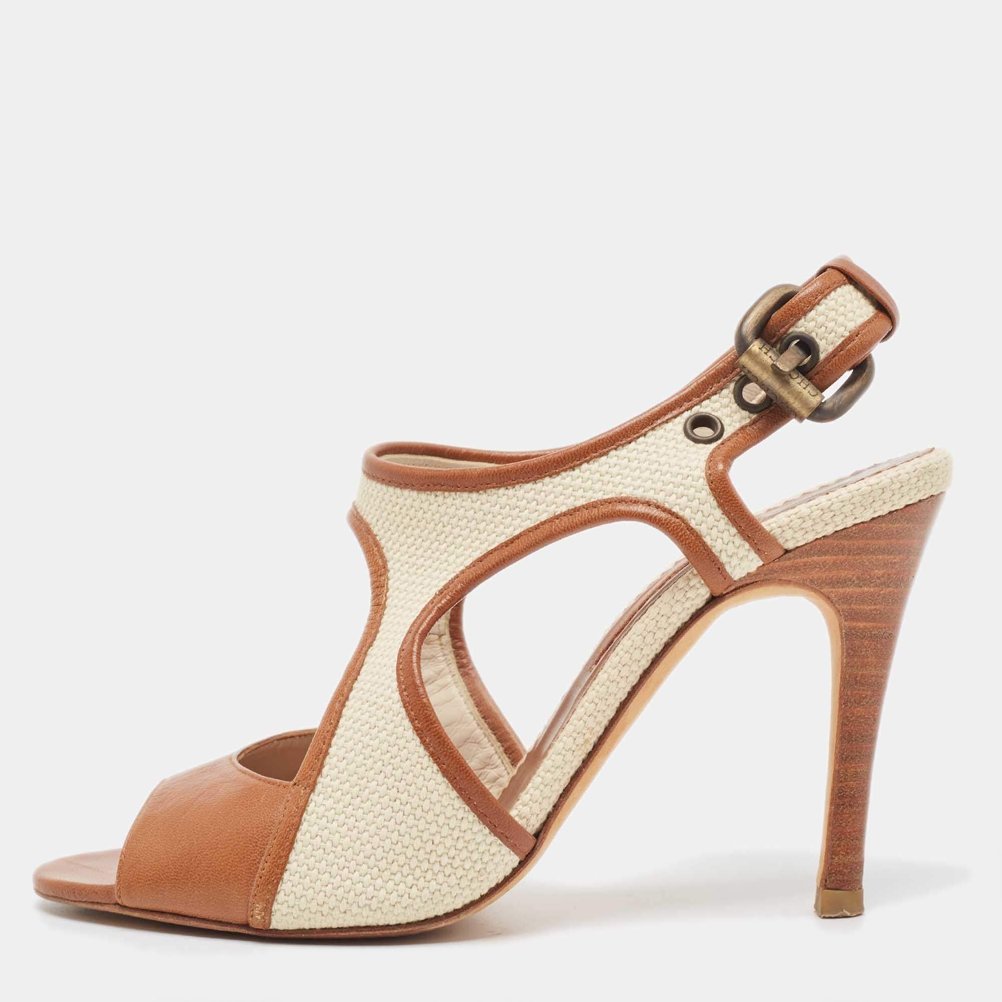 Pre Owned CH Carolina Herrera Brown Leather and Woven Fabric Ankle Strap Sandals Size 37