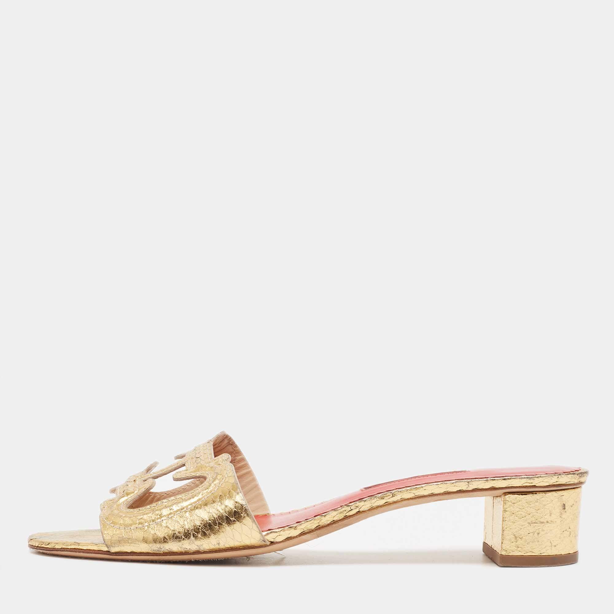 CH Carolina Herrera Gold Python Embossed Slide Sandals Size 40 CH ...