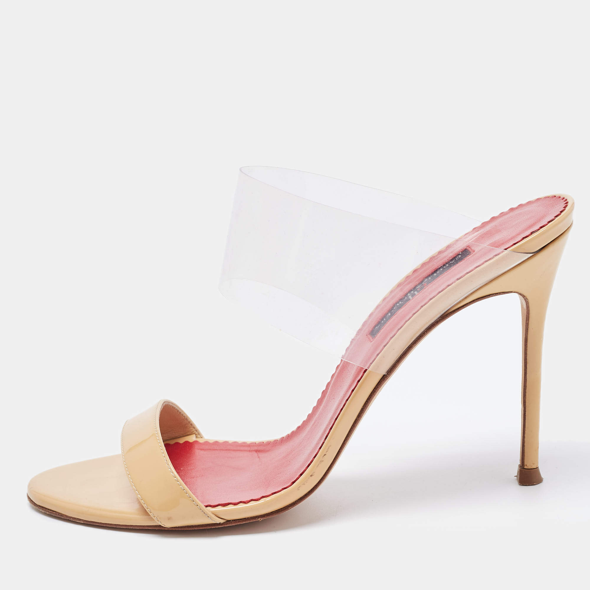 مملوكة مسبقًا CH Carolina Herrera Beige Patent Leather and PVC Slide Sandals Size 38