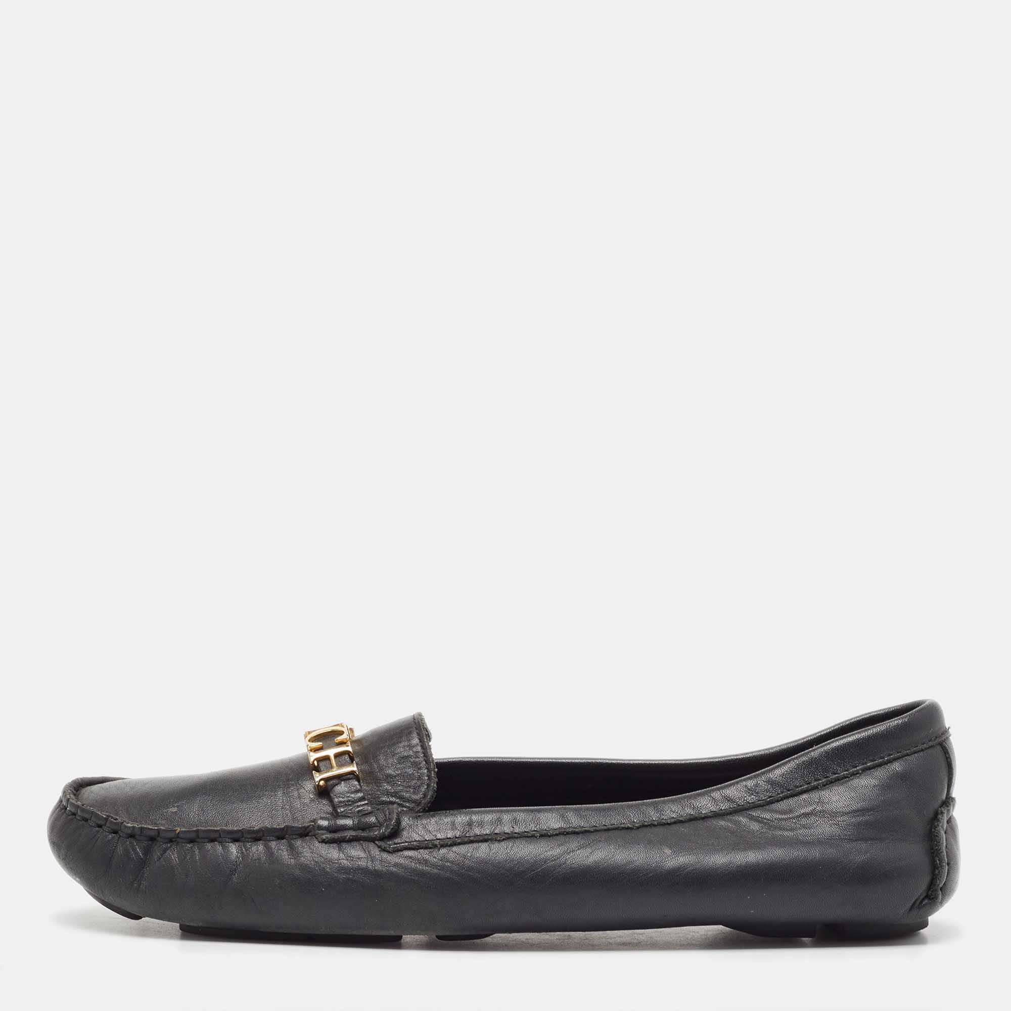 CH Carolina Herrera Black Leather CHCH Logo Loafers Size 40