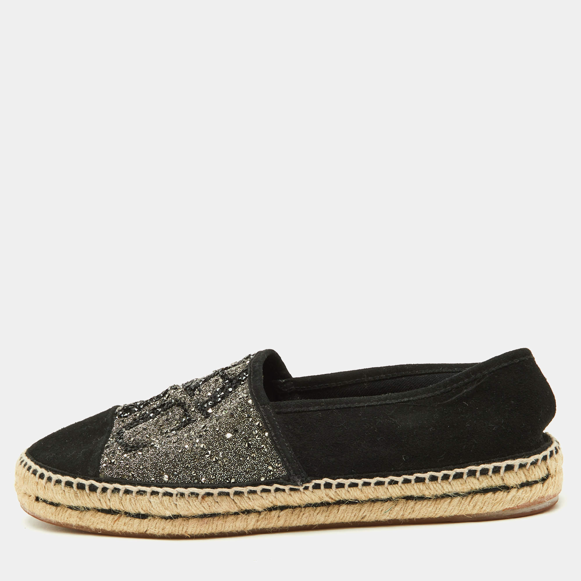 Pre Owned CH Carolina Herrera Black/Silver Crystal Embellished Suede Espadrille Flats Size 40