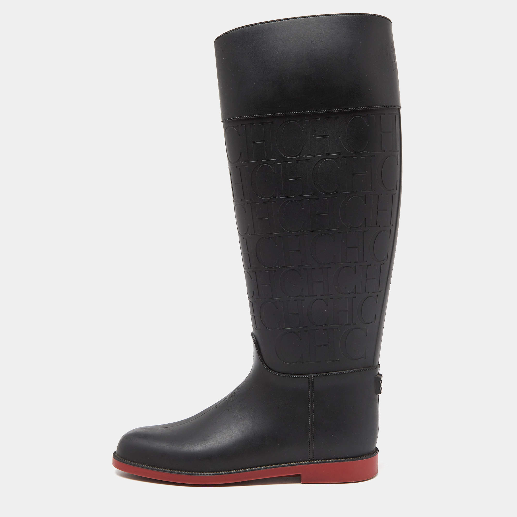 Pre Owned CH Carolina Herrera Black Embossed Rubber Rain Boots Size 38