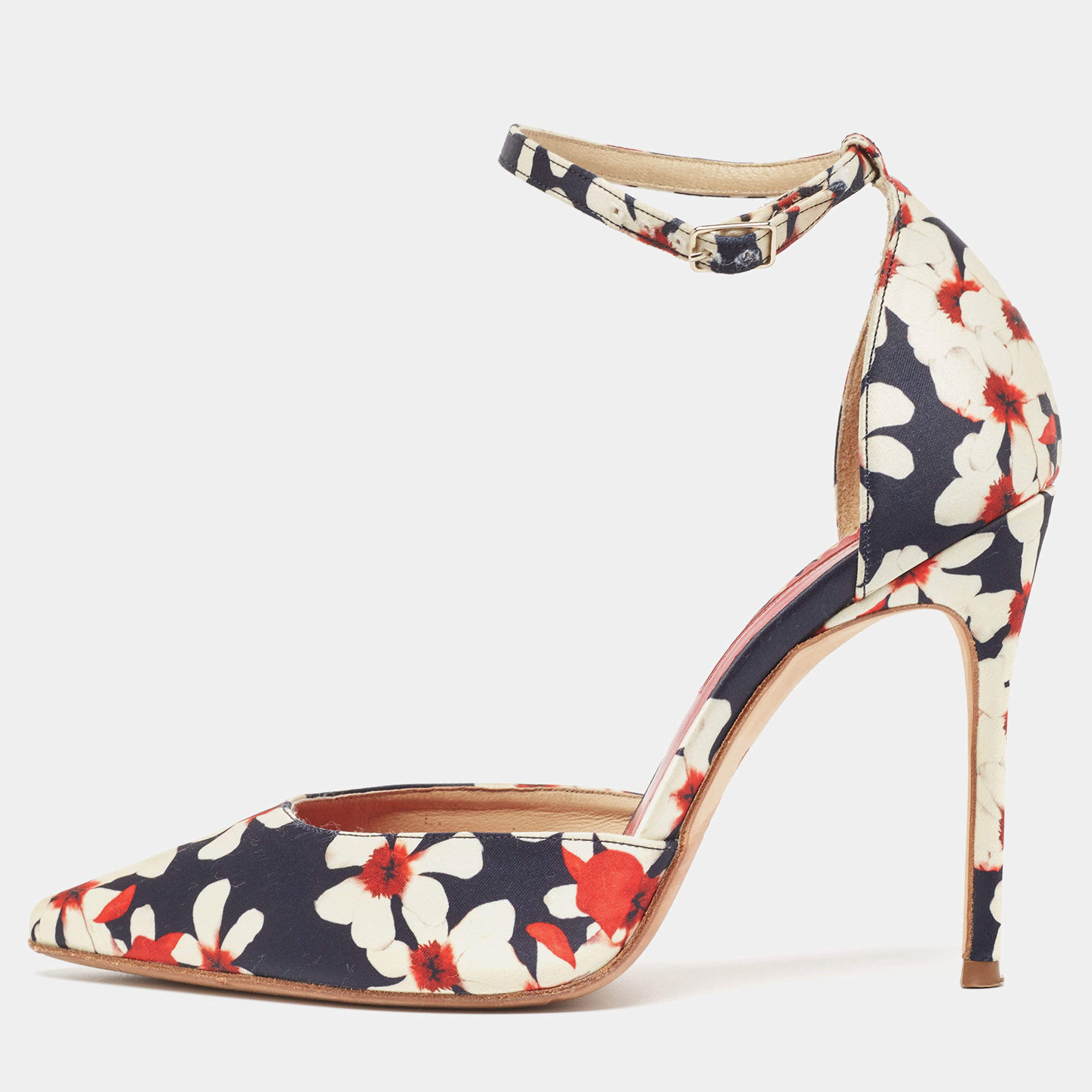 CH Carolina Herrera Tricolor Floral Print Satin Ankle Strap Pumps Size 37