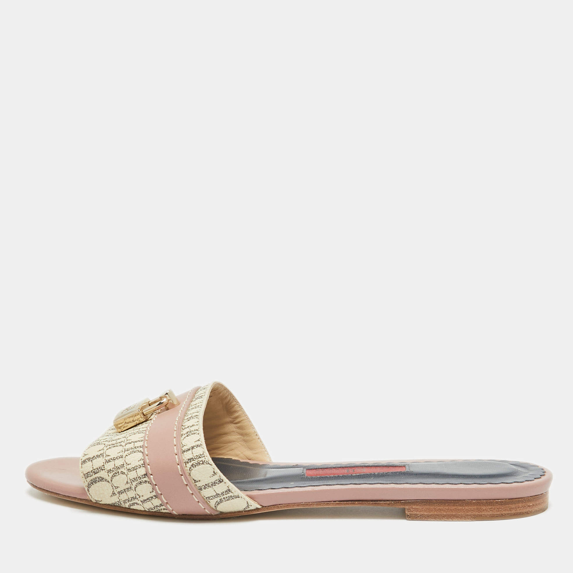 مملوكة مسبقًا CH Carolina Herrera Tricolor Signature Canvas and Leather Lock Flat Slides Size 37