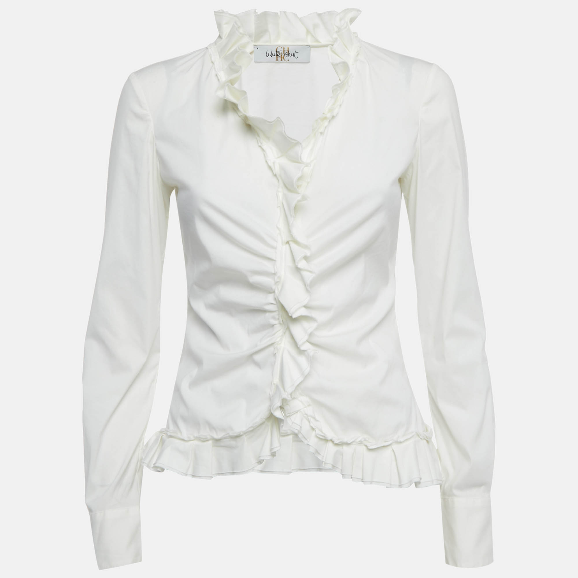 Pre Owned CH CH White Shirt Off-White Cotton Ruffled Top S