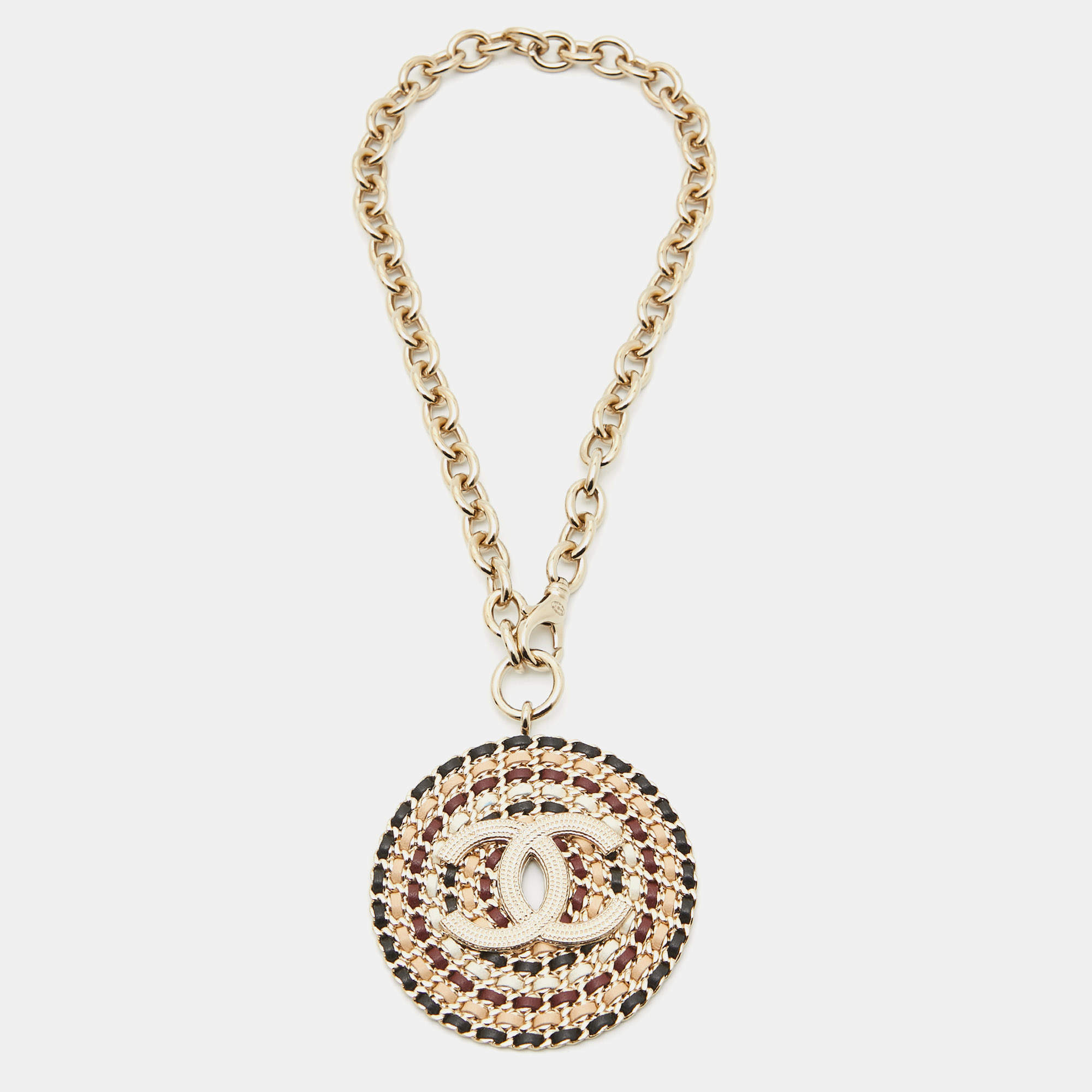 Pre Owned Chanel CC Interwoven Leather Gold Tone Necklace