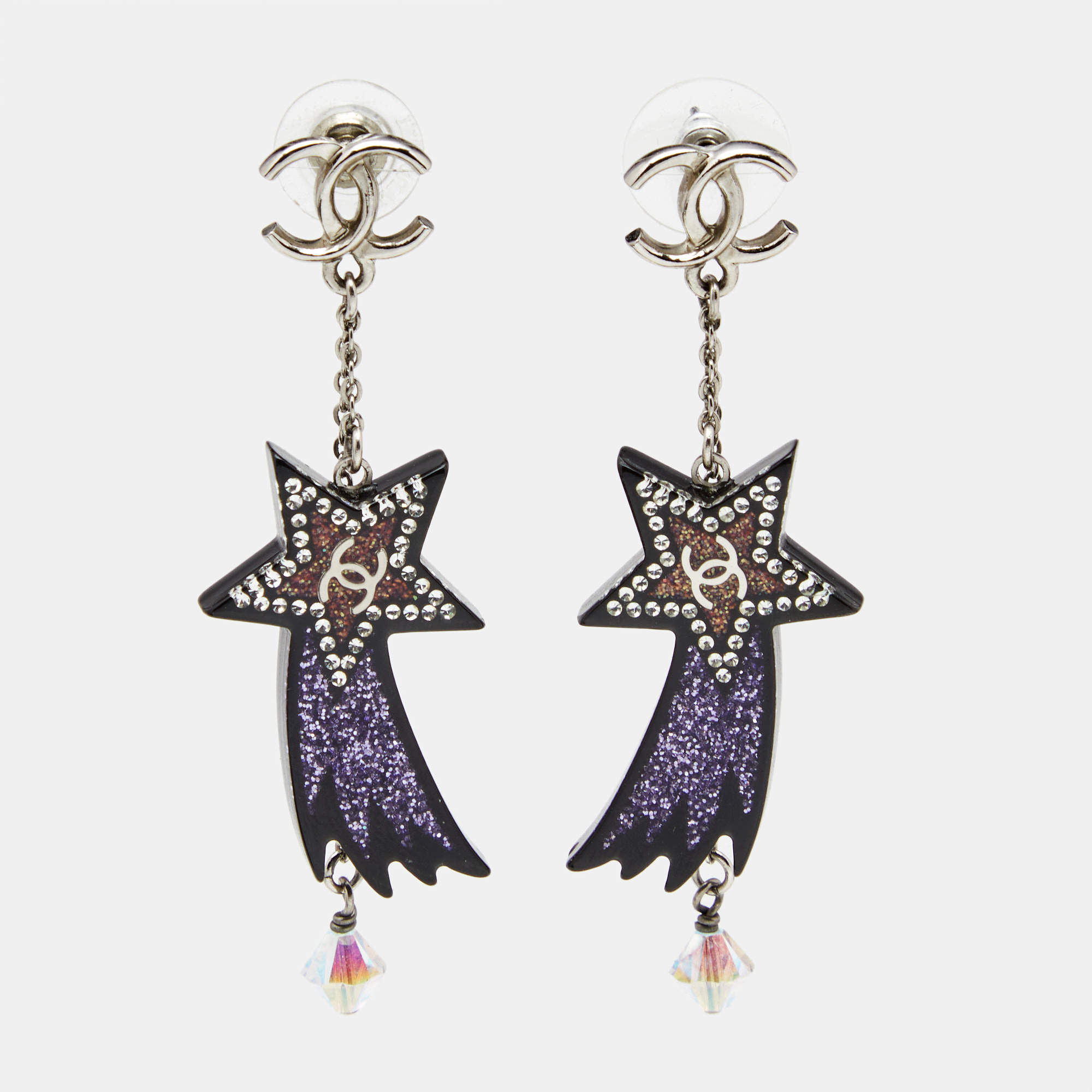 مملوكة مسبقًا Chanel CC Shooting Star Resin Crystal Silver Tone Dangle Earrings