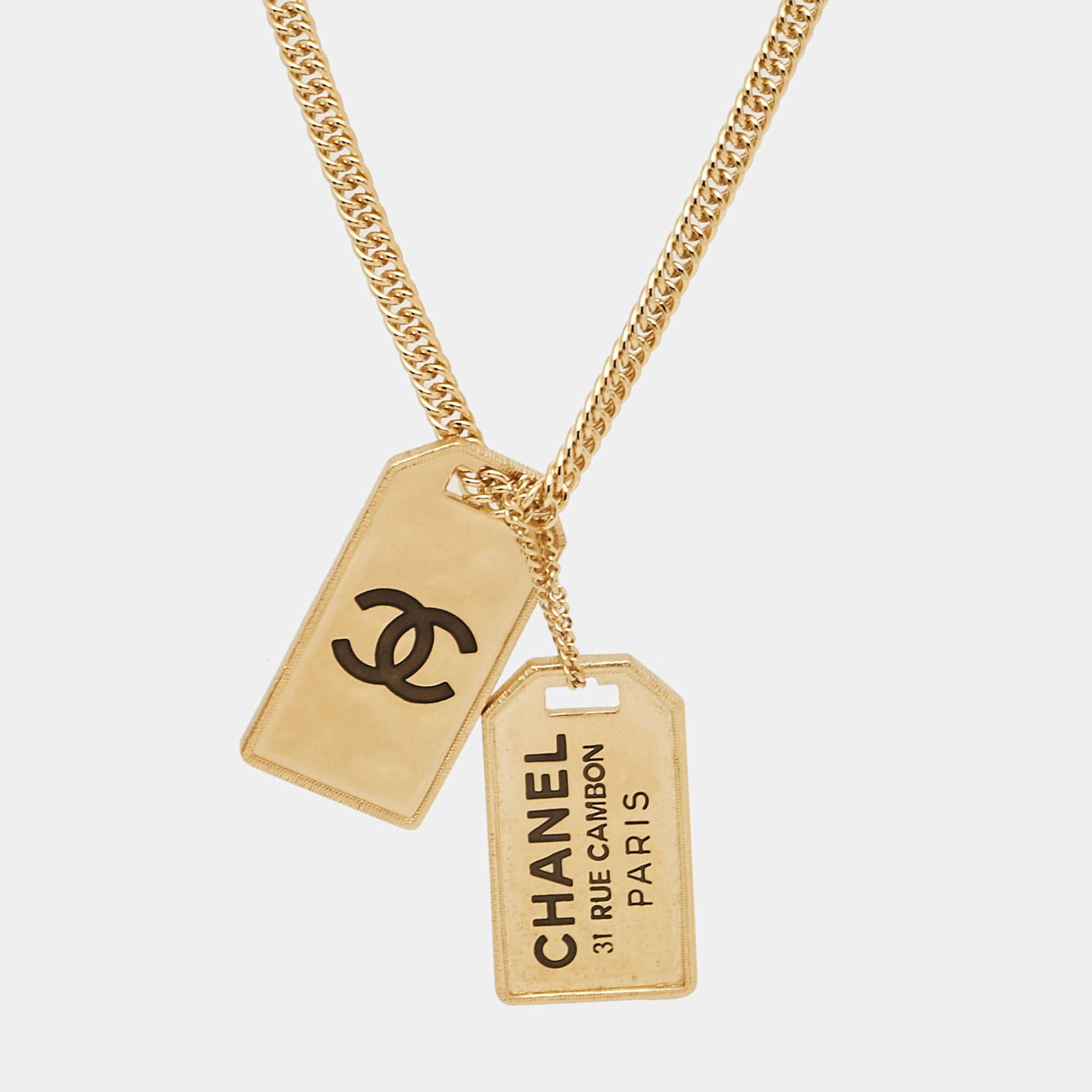 Pre Owned Chanel CC 311 Rue Cambon ID Tag Enamel Gold Tone Necklace